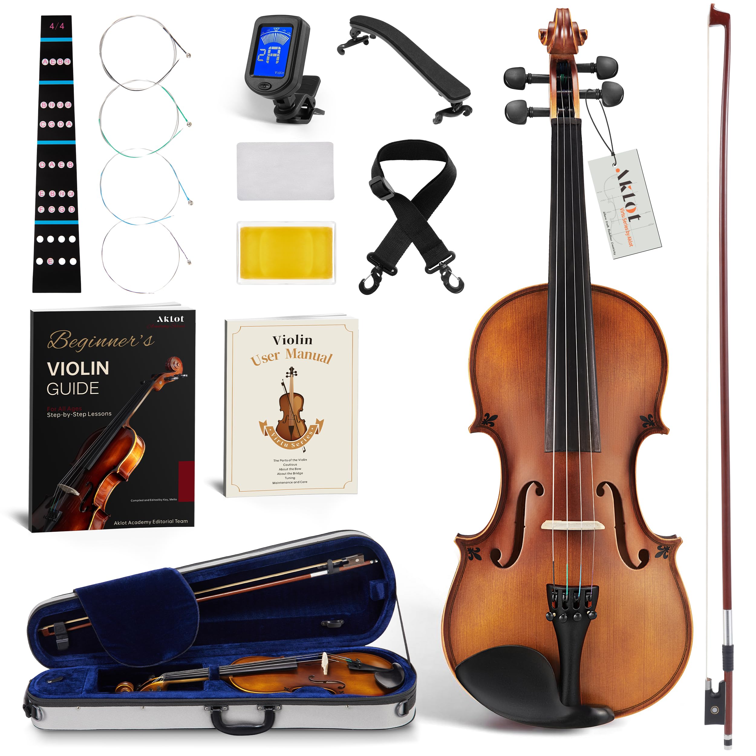 AKLOT Handcrafted Full Size Violin: Solid Wood Matte Fiddle, Acoustic Beginner 4/4 Violin Kit with Hard Case, Lesson Book, Bow, Shoulder Rest, Extra Strings, Tuner, Fretboard Stickers (VRT-AmiCS)
