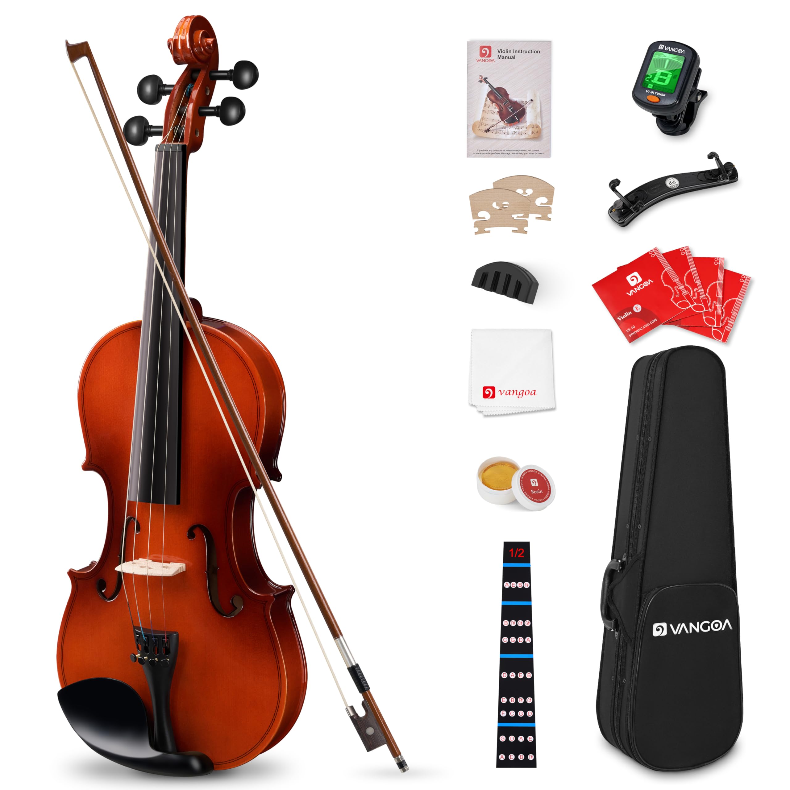 Vangoa 4/4 Solid Wood Acoustic Violin Full Size Fiddle Set for Beginner Adult Student Teen Kids with Violin Case, Bow, Rosin, Shoulder Rest, Tuner, Strings, Natural