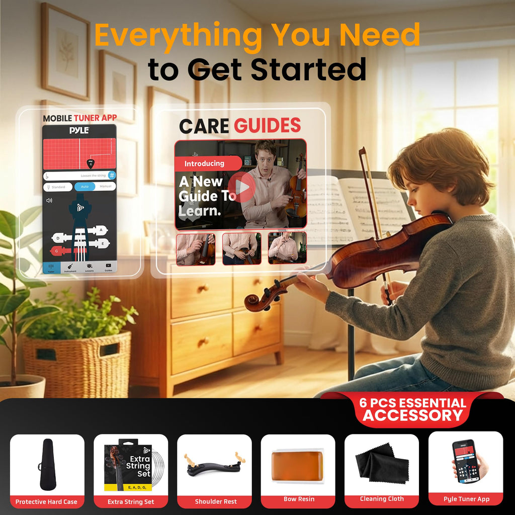 Pyle 4/4 Full Size Acoustic Violin for Beginners – Complete Violins Set with Hard Case, Bow, Extra Strings, Rosin, Full Accessories Kit - Mobile App Tuner 2 Month Free Lessons for Kids & Adults