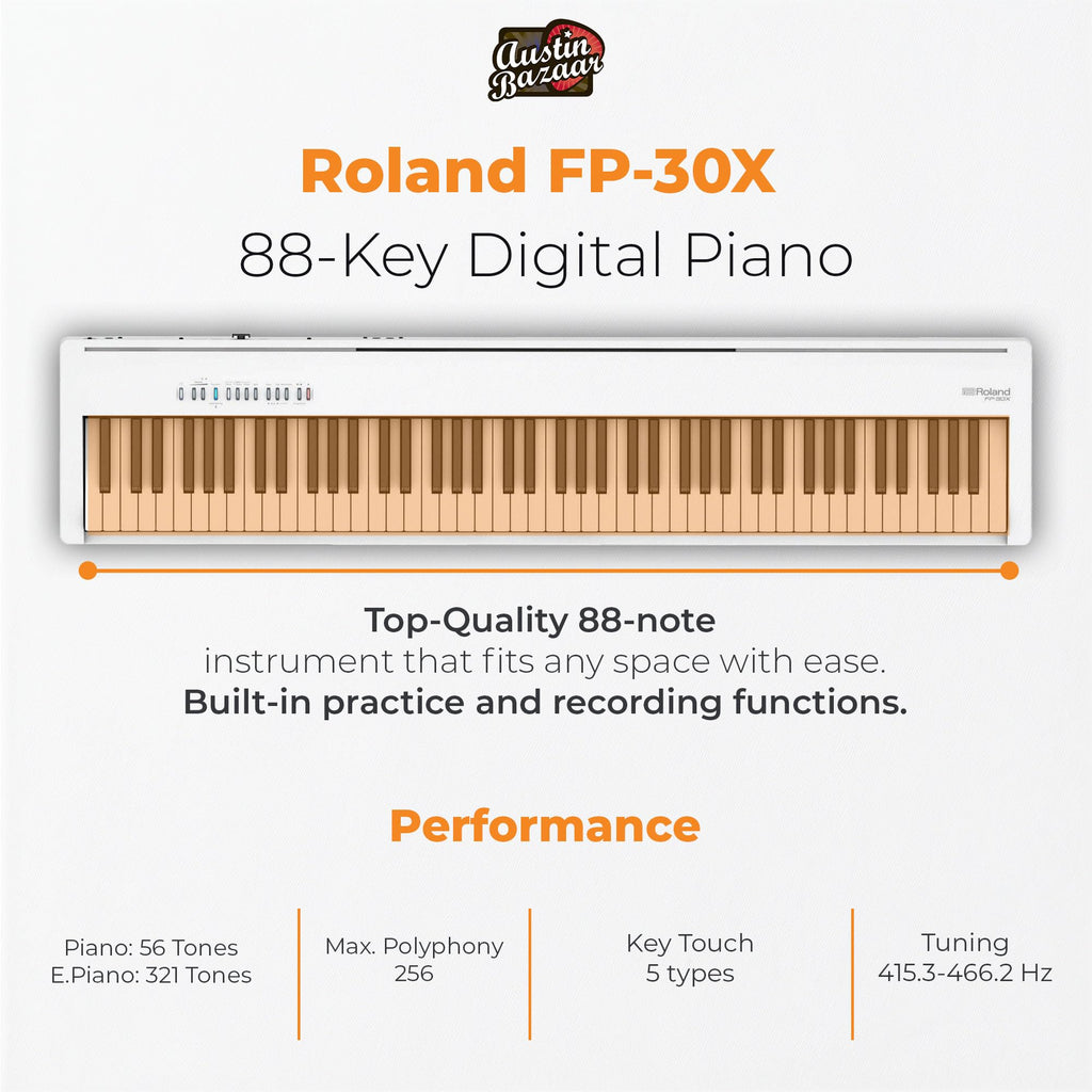 Roland FP-30X 88-Key Digital Piano - Black Bundle with Adjustable Stand, Bench, Sustain Pedal, Online Piano Lessons, Instructional DVD, and Austin Bazaar Polishing Cloth