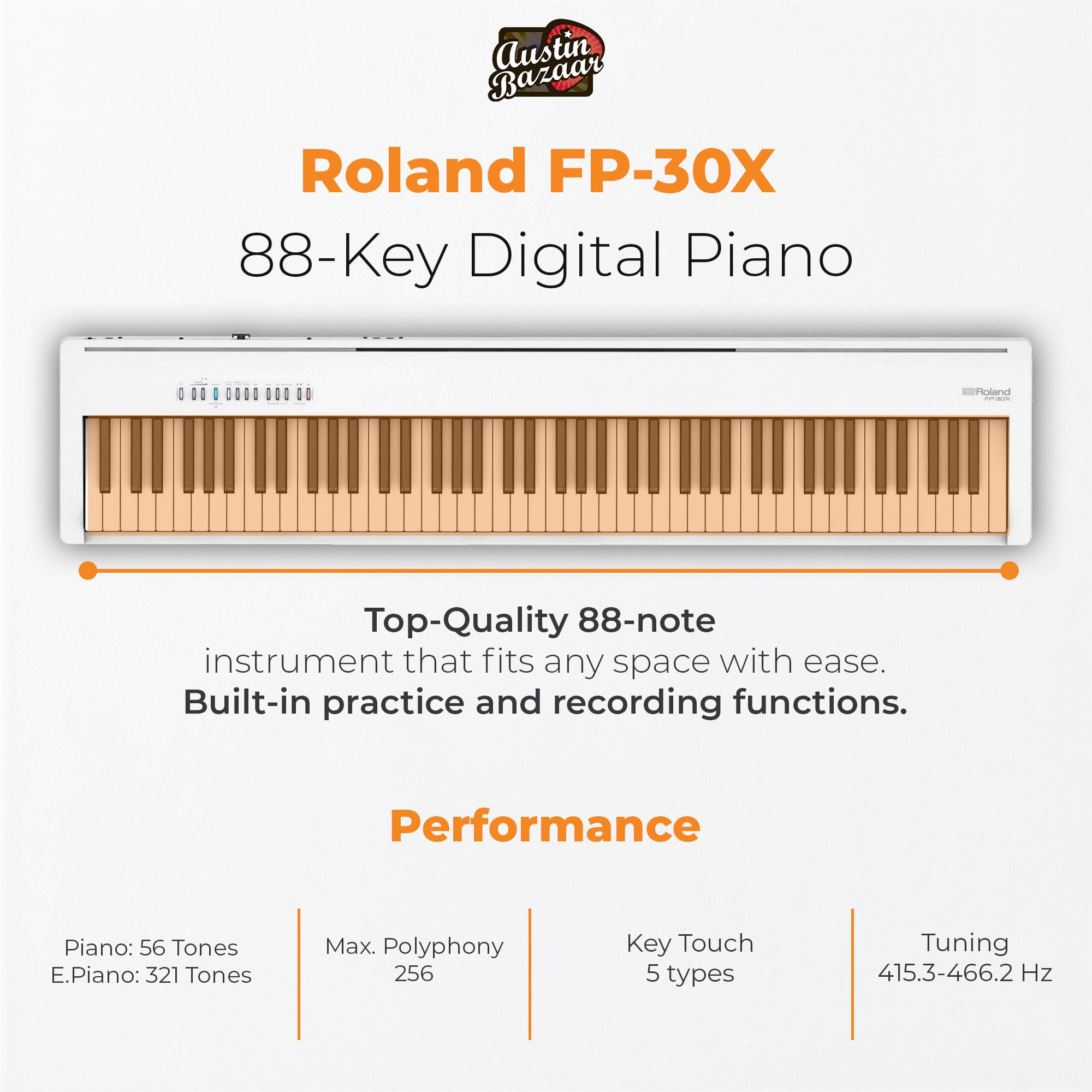 Roland FP-30X 88-Key Digital Piano - Black Bundle with Adjustable Stand, Bench, Sustain Pedal, Online Piano Lessons, Instructional DVD, and Austin Bazaar Polishing Cloth