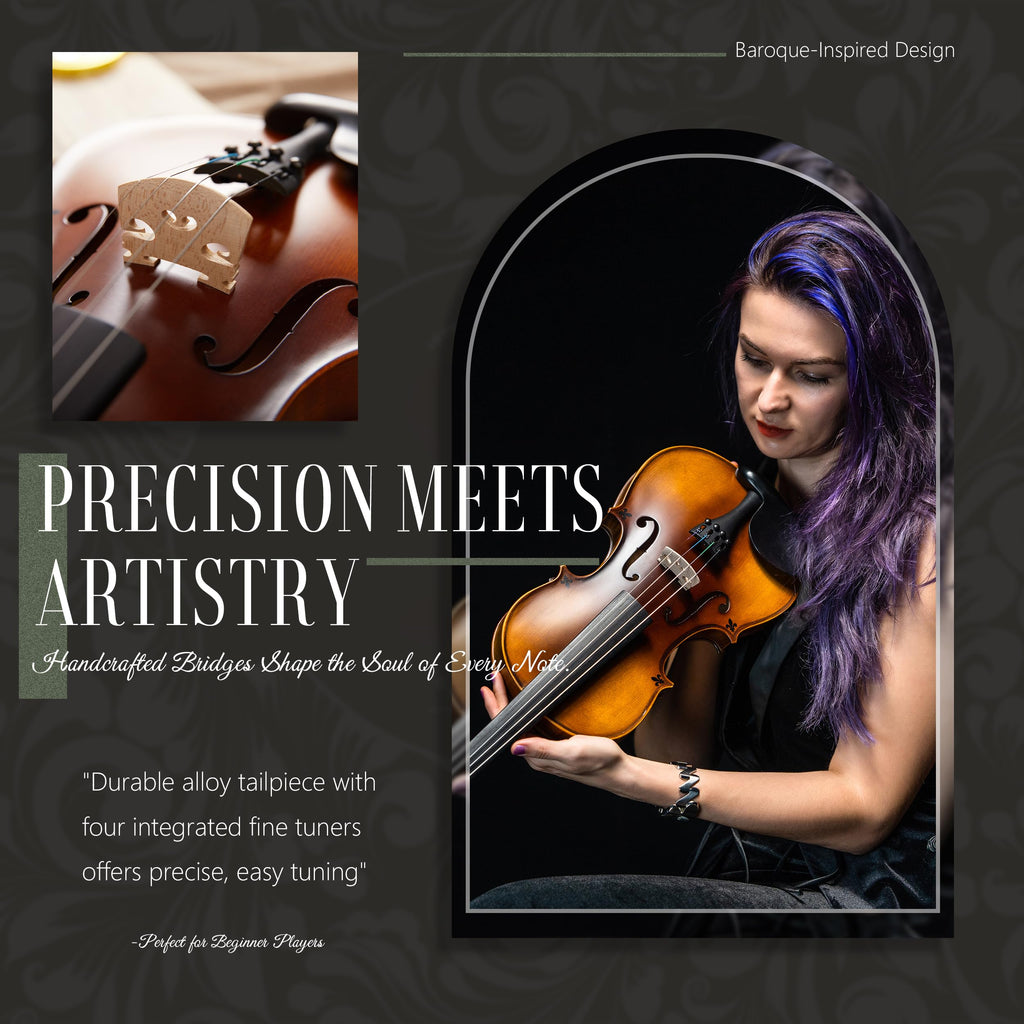 AKLOT Handcrafted Full Size Violin: Solid Wood Matte Fiddle, Acoustic Beginner 4/4 Violin Kit with Hard Case, Lesson Book, Bow, Shoulder Rest, Extra Strings, Tuner, Fretboard Stickers (VRT-AmiCS)