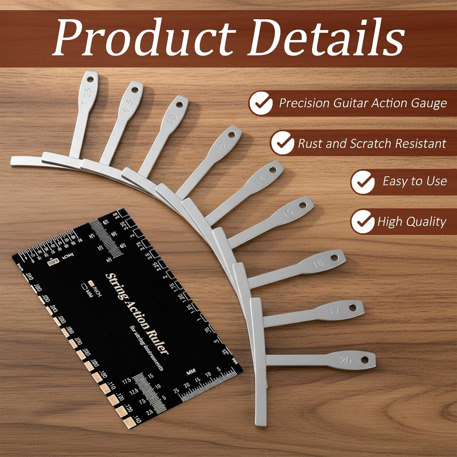 10Pcs Guitar Luthier Tools, 9Pcs Guitar Understring Radius Gauge 1Pcs String Action Height Gauge Ruler Measuring Tool Kit for Bass Setup
