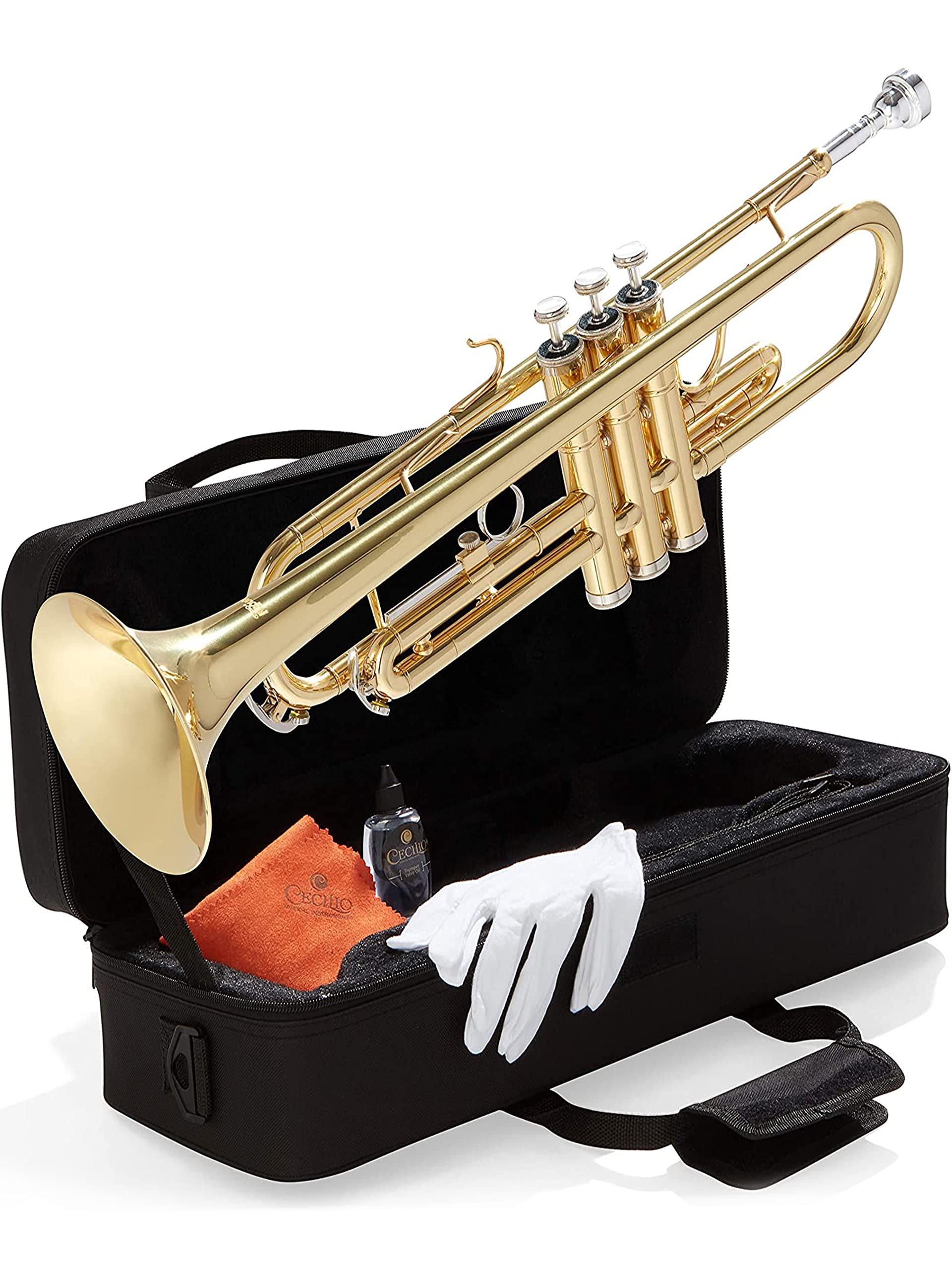 Mendini By Cecilio Bb Standard Trumpet Set for Beginners - Brass Trumpet Instrument with Hard Case, 7C Mouthpiece, Valve Oil, Cleaning Cloth, Maintenance kit and Gloves (Gold)