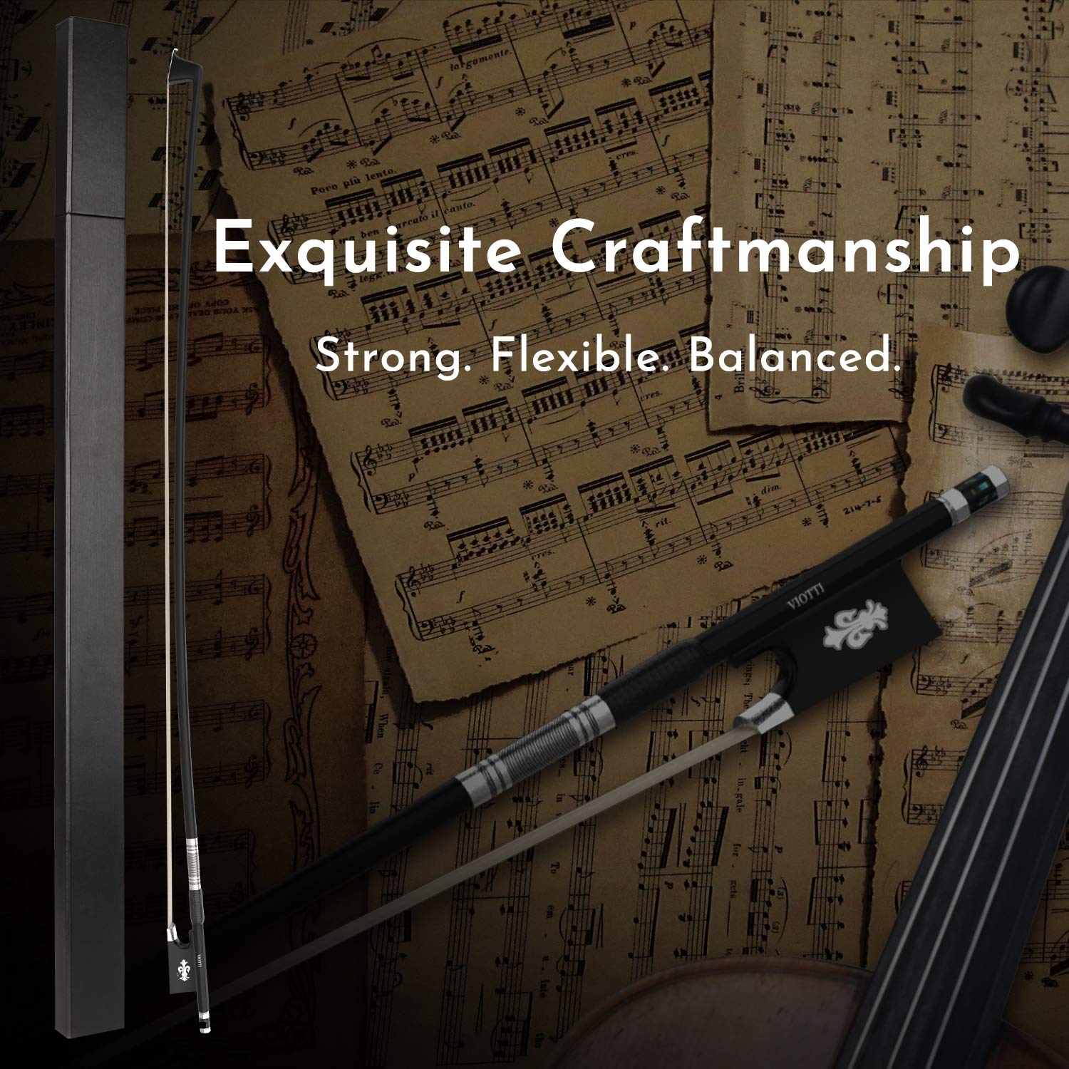 Viotti Carbon Fiber Violin Bow, Hand Crafted by Professional Violin & Bow Makers, Strong, Stiff & Well Balanced, Made with Mongolian Horse Hair, For Violinists & Fiddlers of All Skill Levels