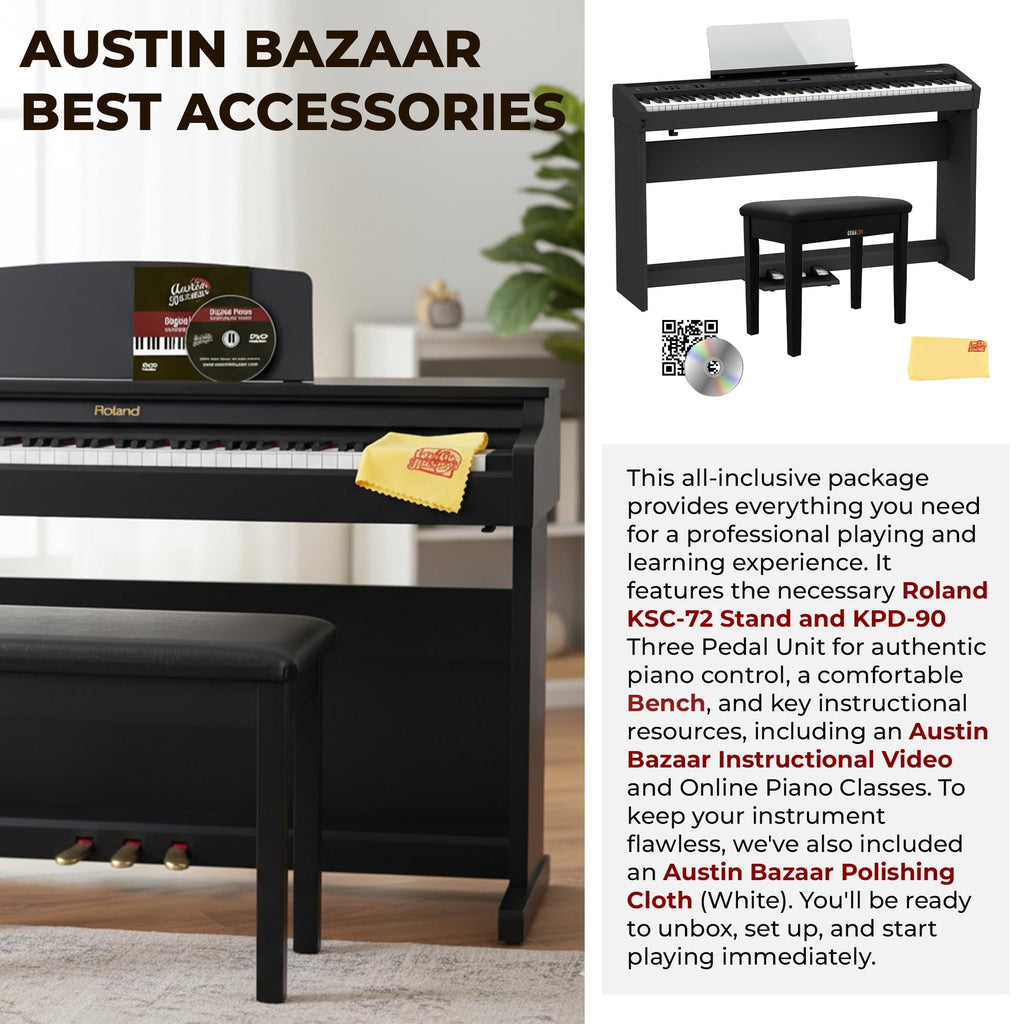 Roland FP-60X 88-Key Digital Piano - White Bundle with Adjustable Stand, Bench, Deluxe Sustain Pedal, Online Piano Lessons, Instructional DVD, and Austin Bazaar Polishing Cloth