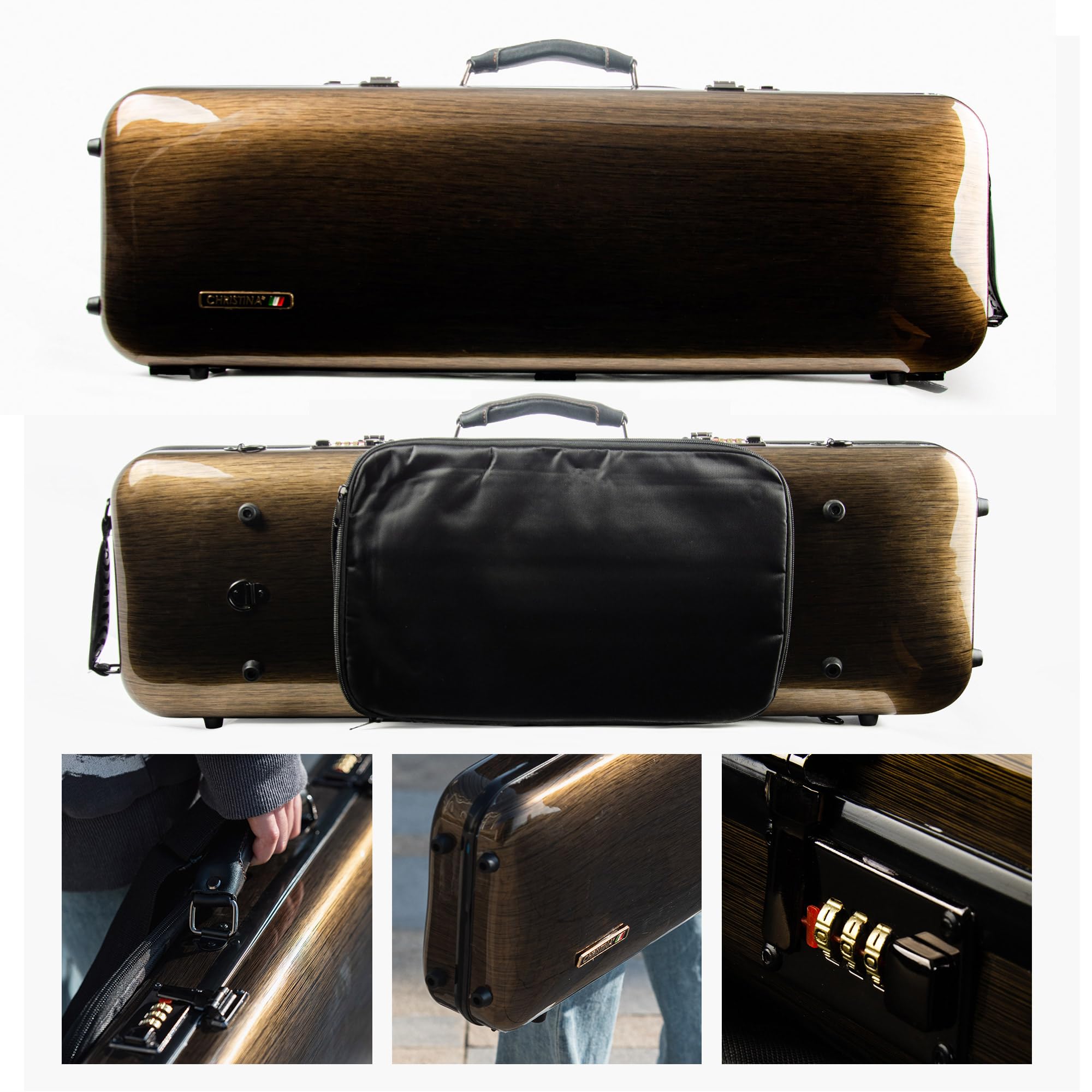 Christina 4/4 Full Size Violin case High-Strength Carbon Fiber Rectangular Violin Music Bag With Combination Lock and Extra Bag White Violin Hard Case (VB-Square-White Stripe spot)