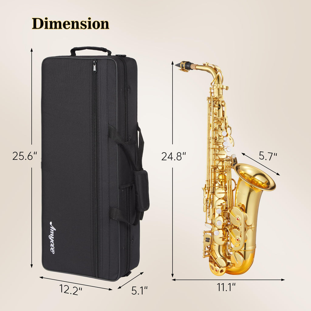 Senfot AS-100 Eb Alto Saxophone Gold Lacquer Alto Sax Full Kit With Cleaning Cloth, Gloves, Brush, Headjoint, Reed, Strap, Stand, Tube Case, Saxophone for Beginners and Professional, Gold