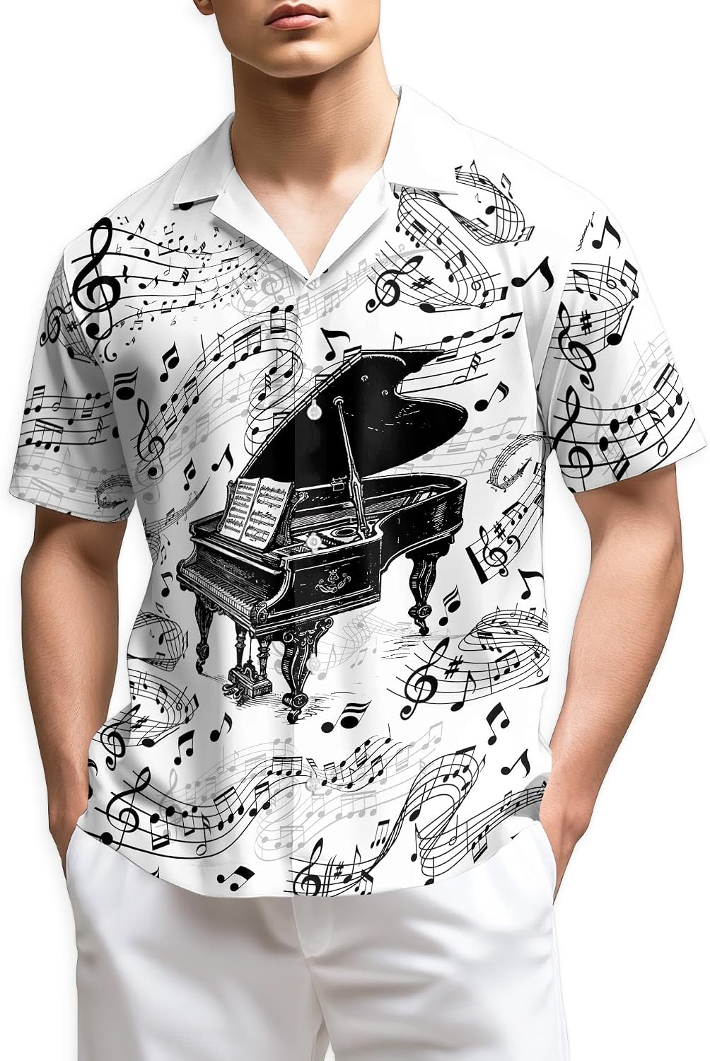 Trombone Pattern Hawaiian Shirt for Men, Summer Vacation Button Down Shirt, Aloha Beach Short Sleeve Shirt, S-5XL