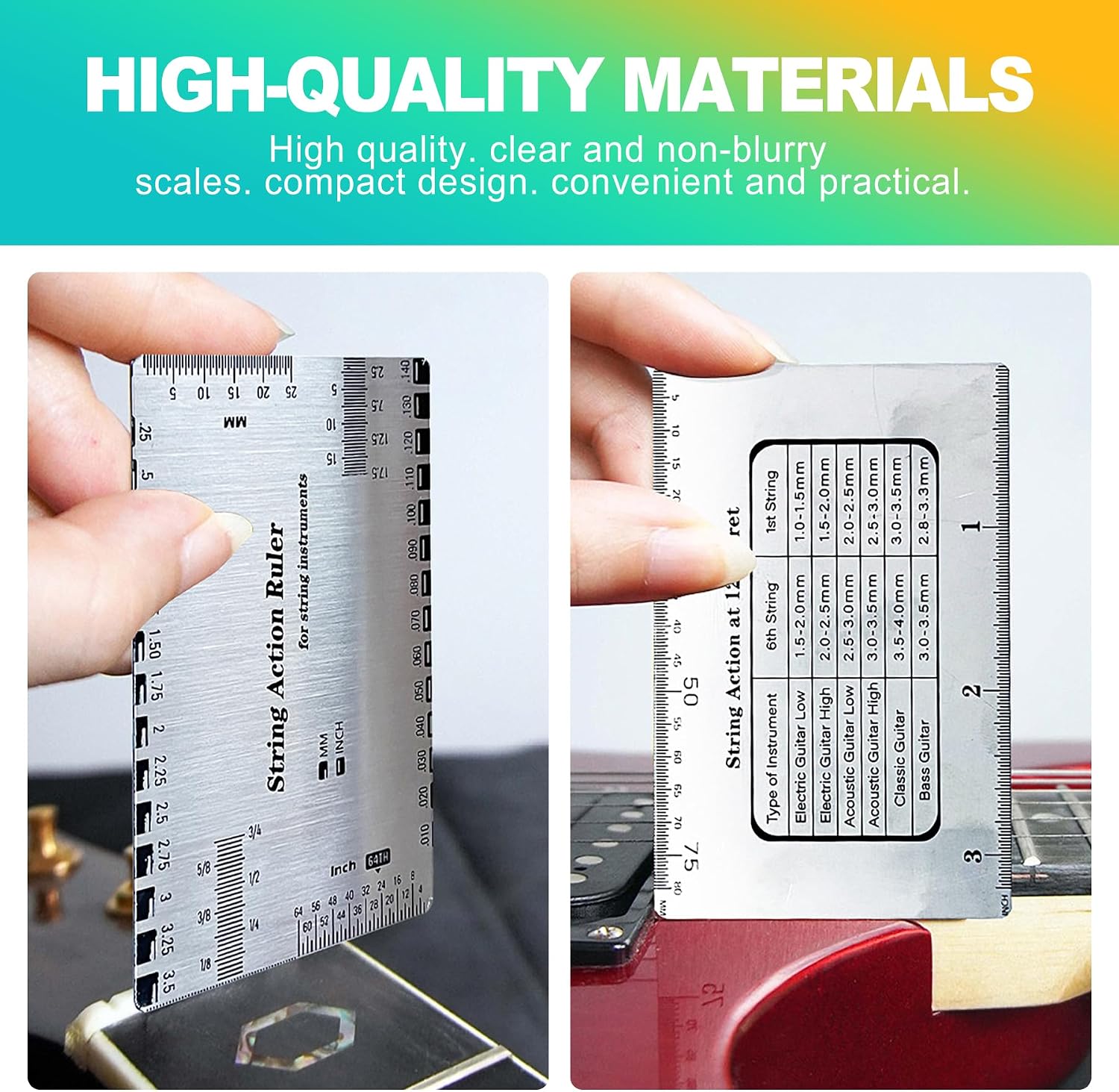 String Action Gauge & Fret Rocker Set, Stainless Steel Luthier Tool Kit for Precise Guitar Setup, Maintenance & String Height Measurement on Electric, Acoustic, Bass Guitars