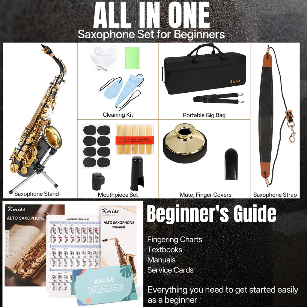 Kmise E Flat Alto Saxophone, Lightweight Saxophones for Students Beginner, Saxofon Full Kit with Portable Case, Sax Stand, Strap, Reeds, Beginner's Guides, Mute, Cleaning Kit (Gold Lacquer)
