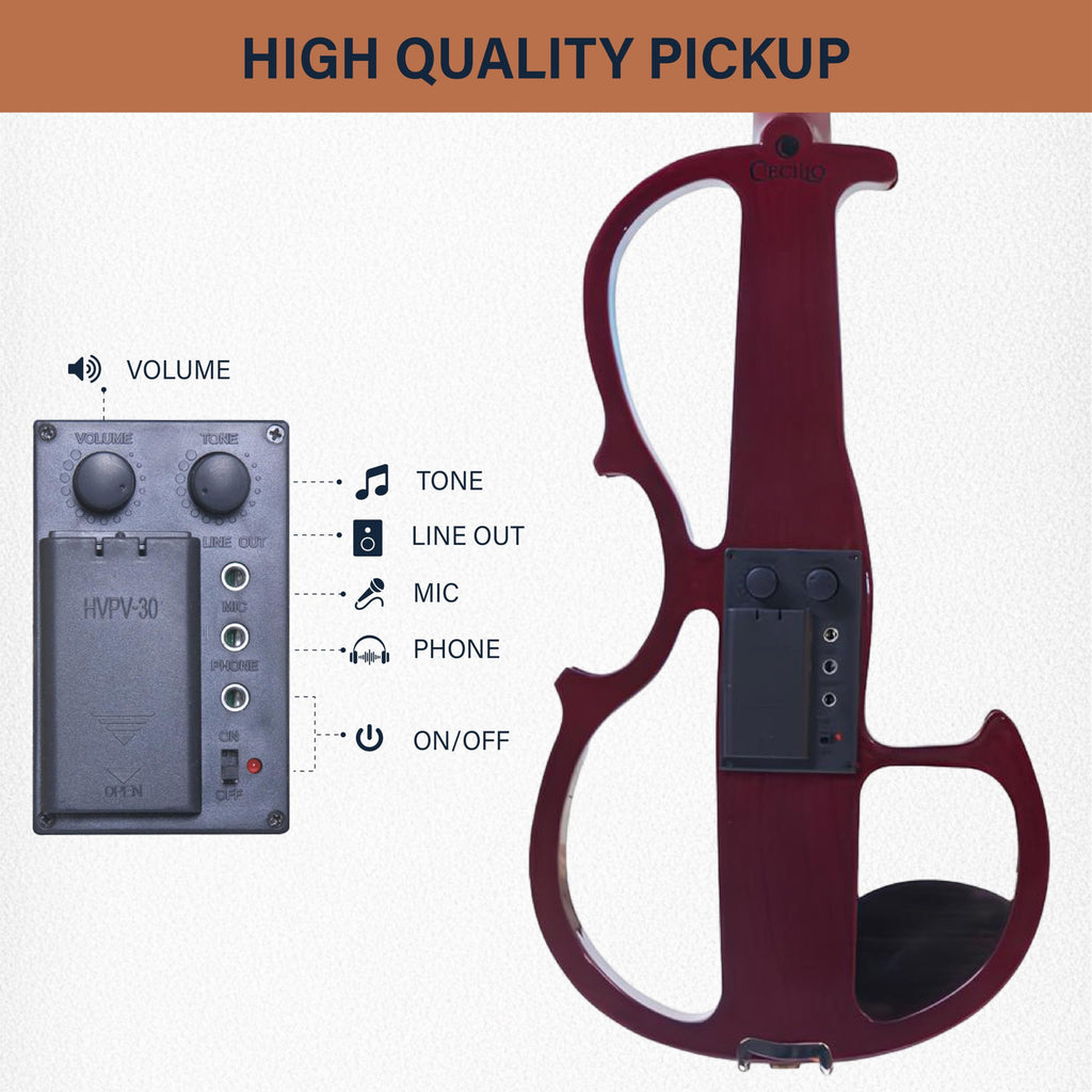 Cecilio Solid Wood Electric/Silent Violin with Ebony Fittings - 4/4 Full Size - Metallic Red Mahogany