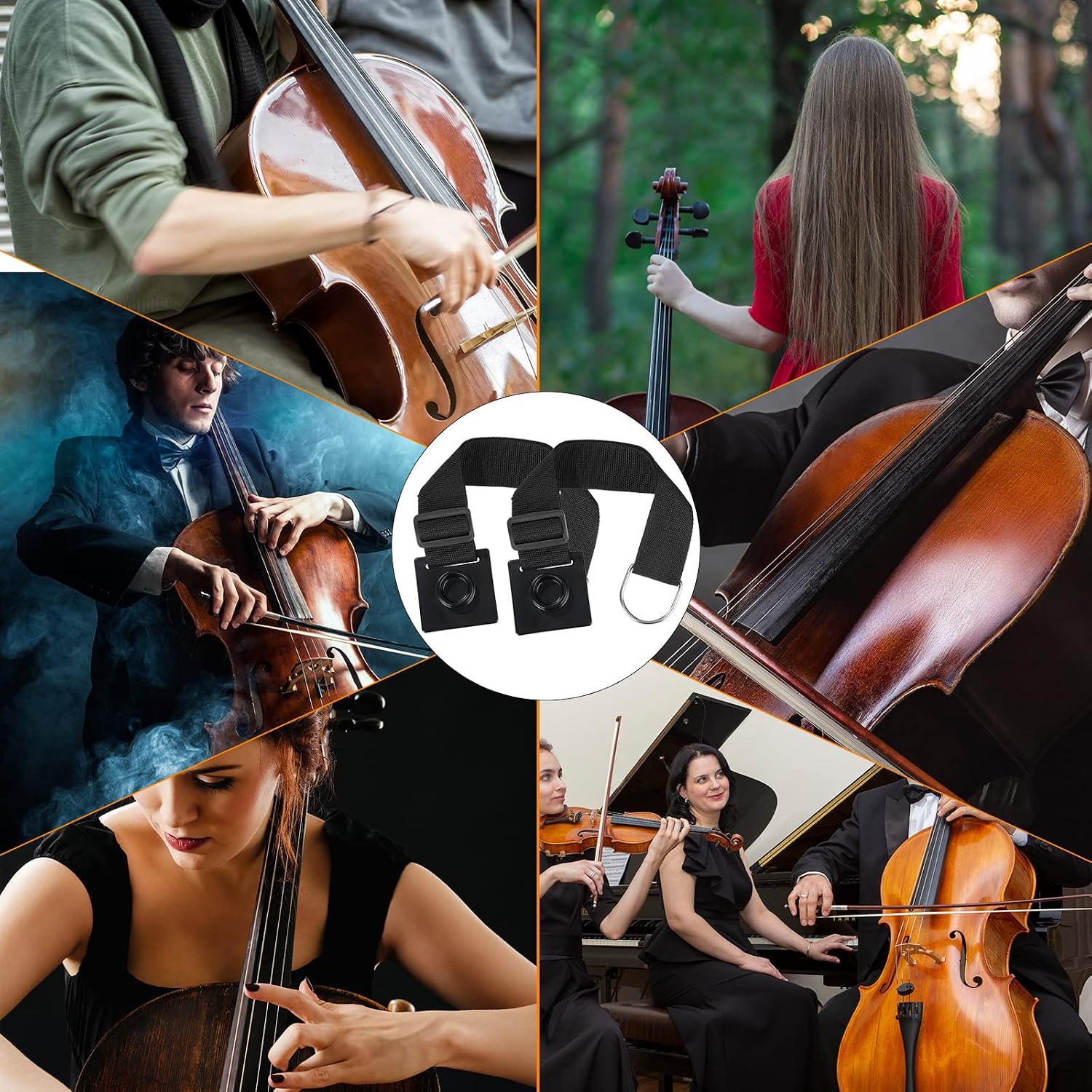 2 Pcs Cello Endpin Anchor Non Slip Stopper Cello Antiskid Device Adjustable Strap with 2 Pieces Rubber End Pin Protector Musical Instrument Accessories, Black (Rubber Stopper Included)