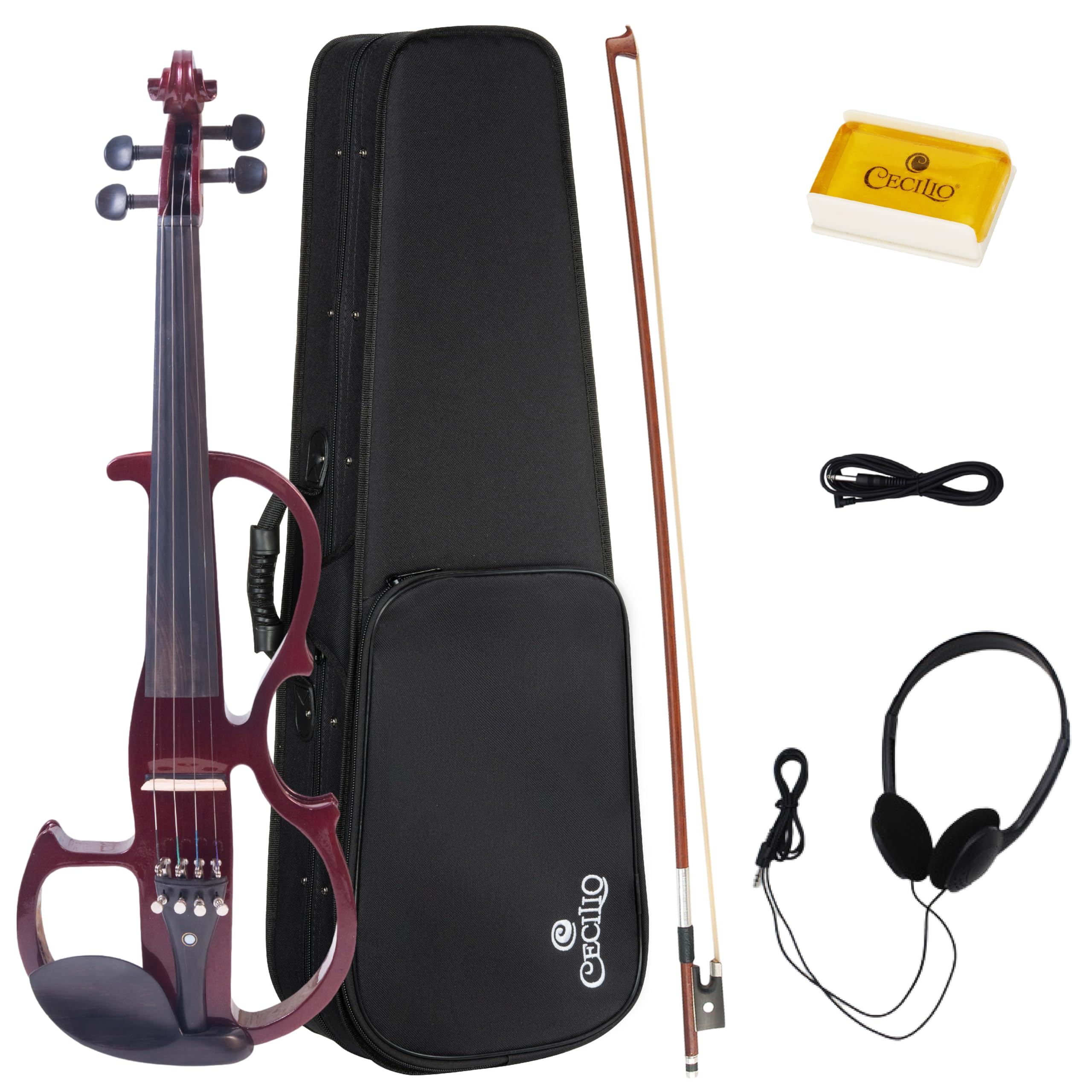 Cecilio Solid Wood Electric/Silent Violin with Ebony Fittings - 4/4 Full Size - Metallic Red Mahogany
