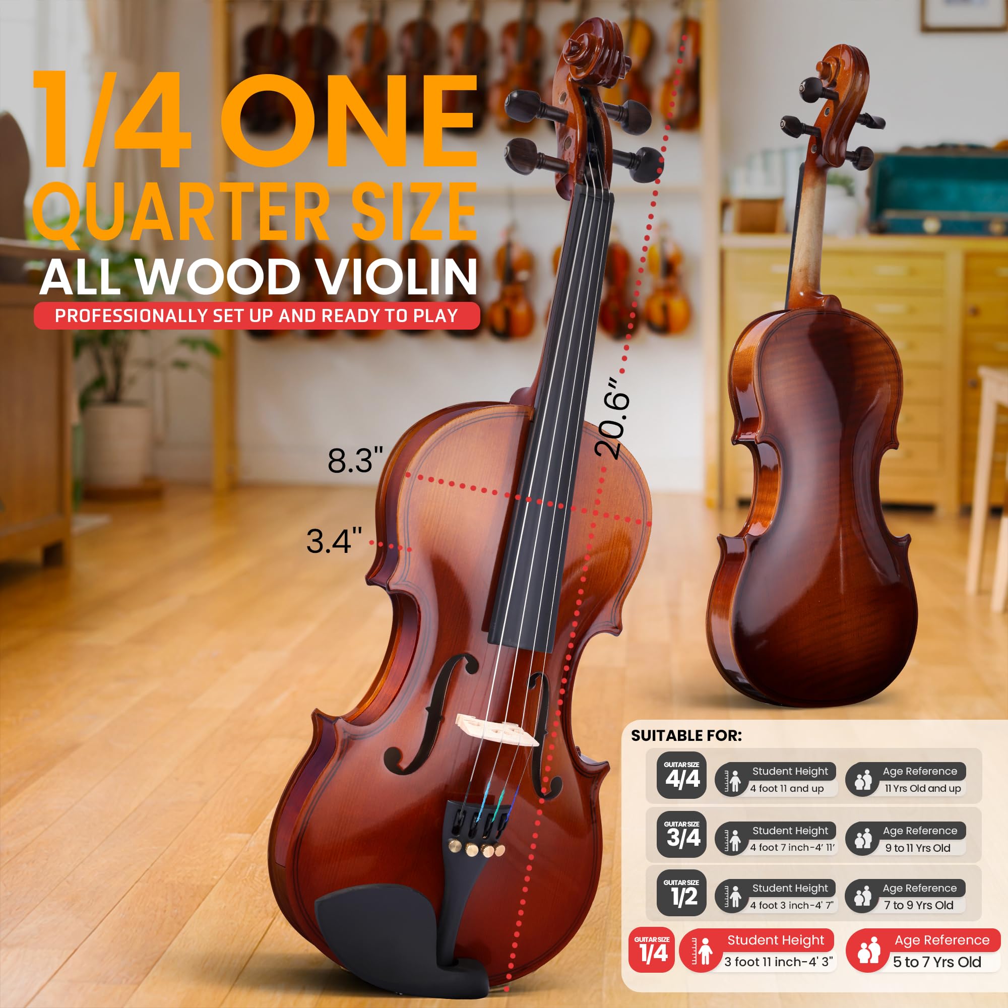 Pyle 4/4 Full Size Acoustic Violin for Beginners – Complete Violins Set with Hard Case, Bow, Extra Strings, Rosin, Full Accessories Kit - Mobile App Tuner 2 Month Free Lessons for Kids & Adults