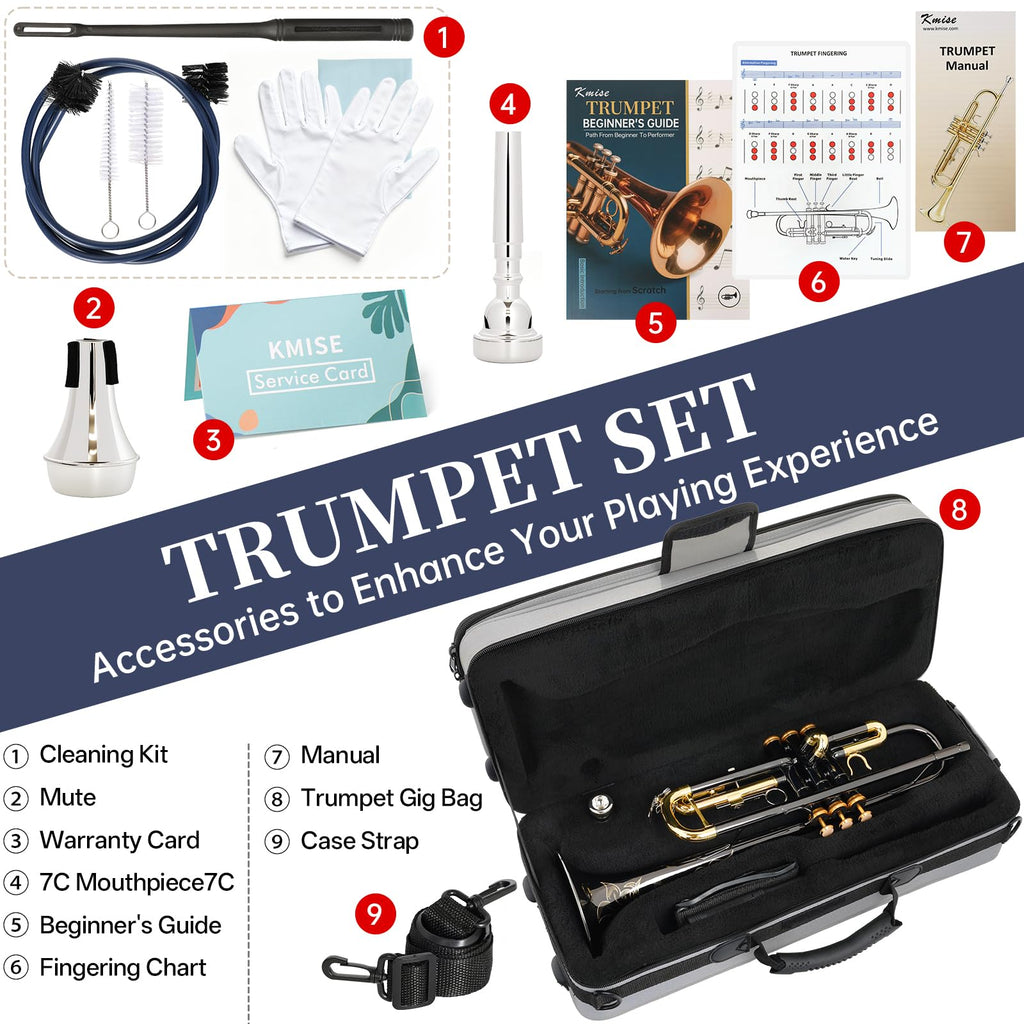 Kmise Bb Standard Trumpet, Premium Brass Trumpets for Student Beginner, Trumpet Instrument Set with Upgraded Case, 7C Mouthpiece, Mute, Beginner's Guide Kit, Cleaning Kit (Gold)
