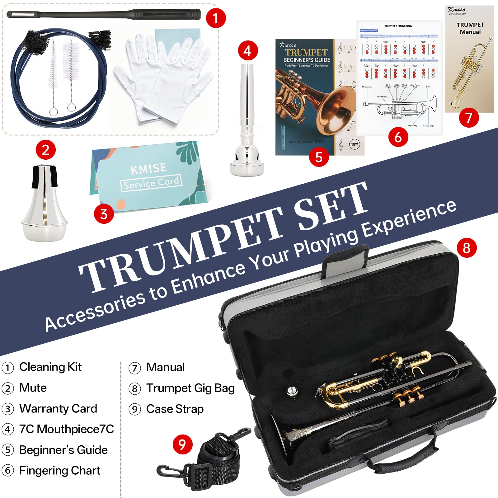 Kmise Bb Standard Trumpet, Premium Brass Trumpets for Student Beginner, Trumpet Instrument Set with Upgraded Case, 7C Mouthpiece, Mute, Beginner's Guide Kit, Cleaning Kit (Gold)