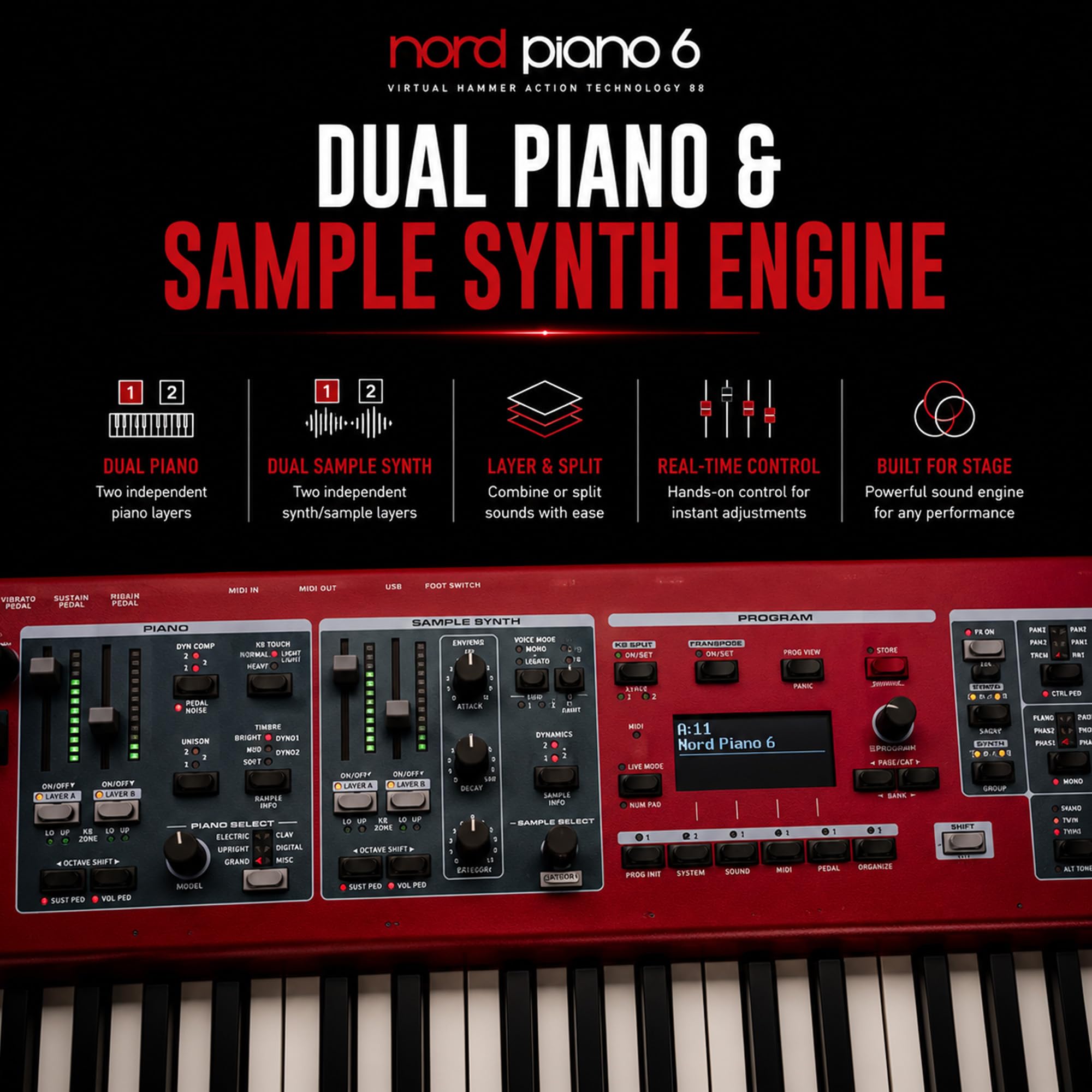 Nord Stage 4 88-Key Digital Piano Bundle with Adjustable Stand, Bench, Sustain Pedal, Headphones, Instrument Cable, and Austin Bazaar Polishing Cloth
