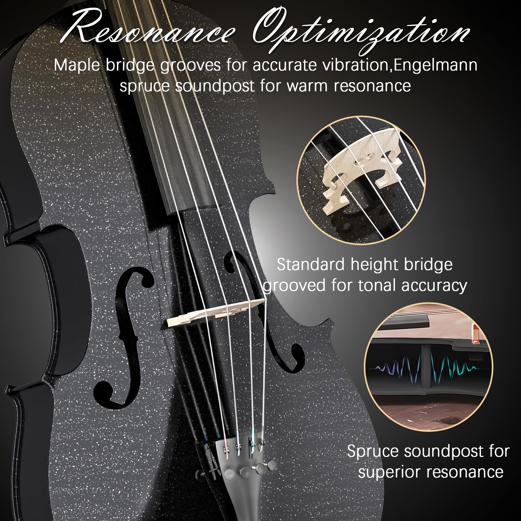 Cello 4/4 Kit, Full Size Cello for Adults, Students, Beginners, Complete Acoustic Cello Instrument Set with Portable Bag, Bow, Rosin, Black