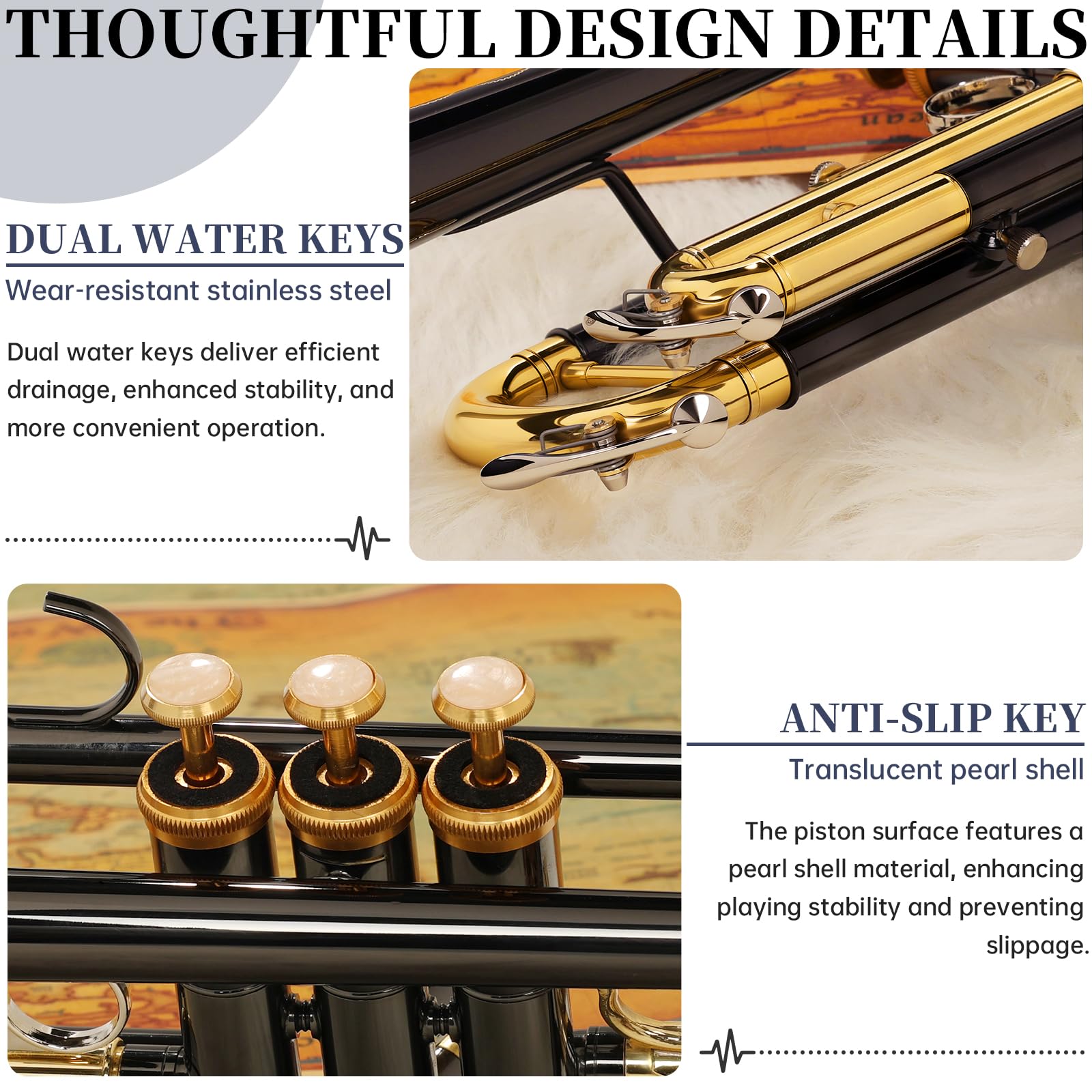 Kmise Bb Standard Trumpet, Premium Brass Trumpets for Student Beginner, Trumpet Instrument Set with Upgraded Case, 7C Mouthpiece, Mute, Beginner's Guide Kit, Cleaning Kit (Gold)