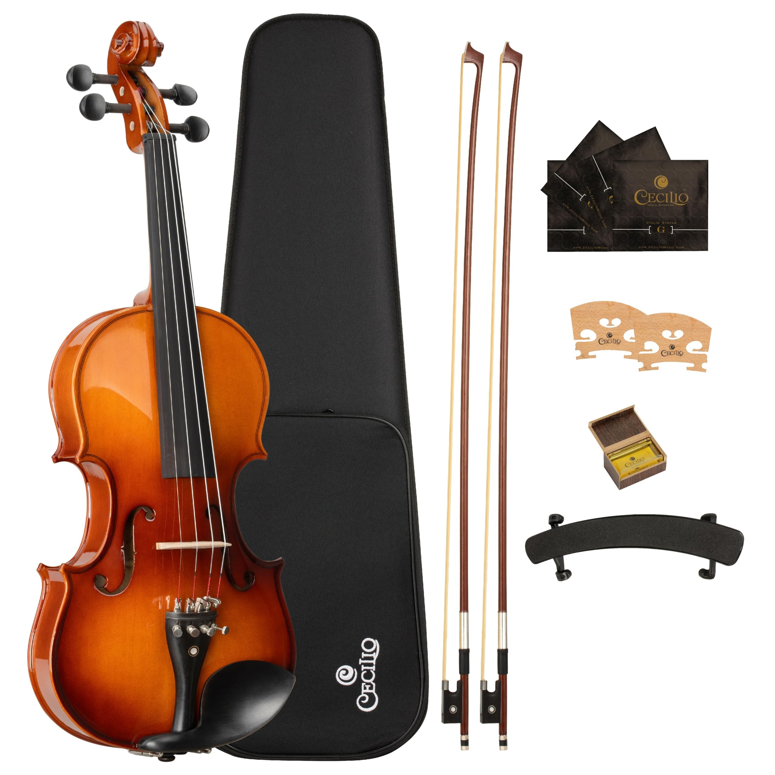 Cecilio 4/4 Full-Size Left-Handed Violin, Solid Spruce Top & Maple Body Professional Fiddle Set Includes Hard Case, 2 Bows, Rosin, Bridges & Extra Strings