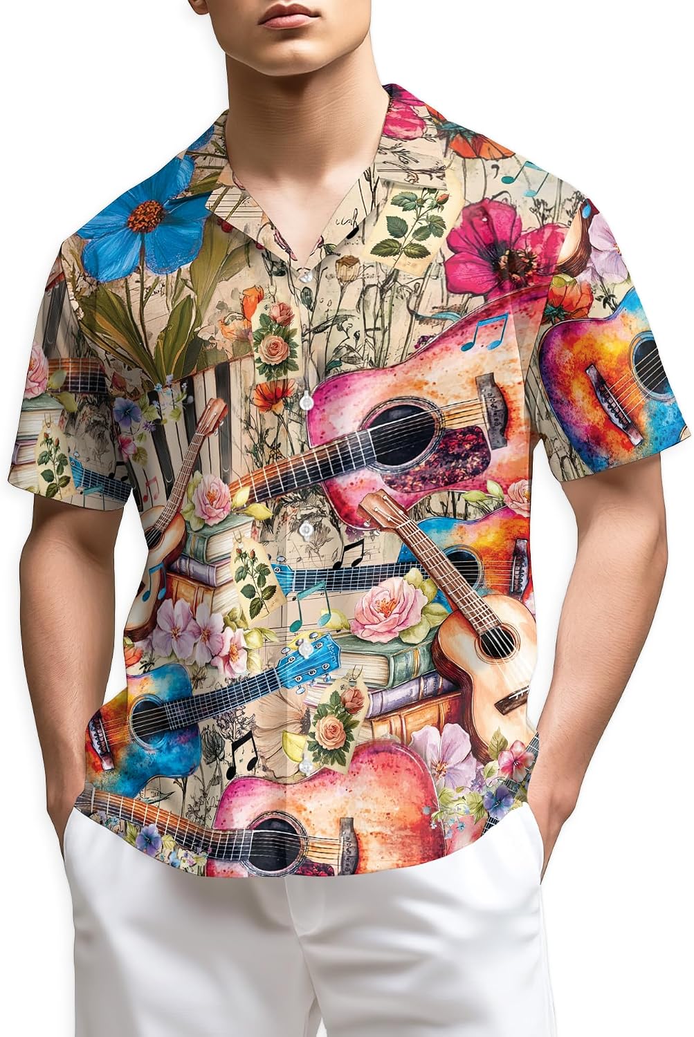Trombone Pattern Hawaiian Shirt for Men, Summer Vacation Button Down Shirt, Aloha Beach Short Sleeve Shirt, S-5XL