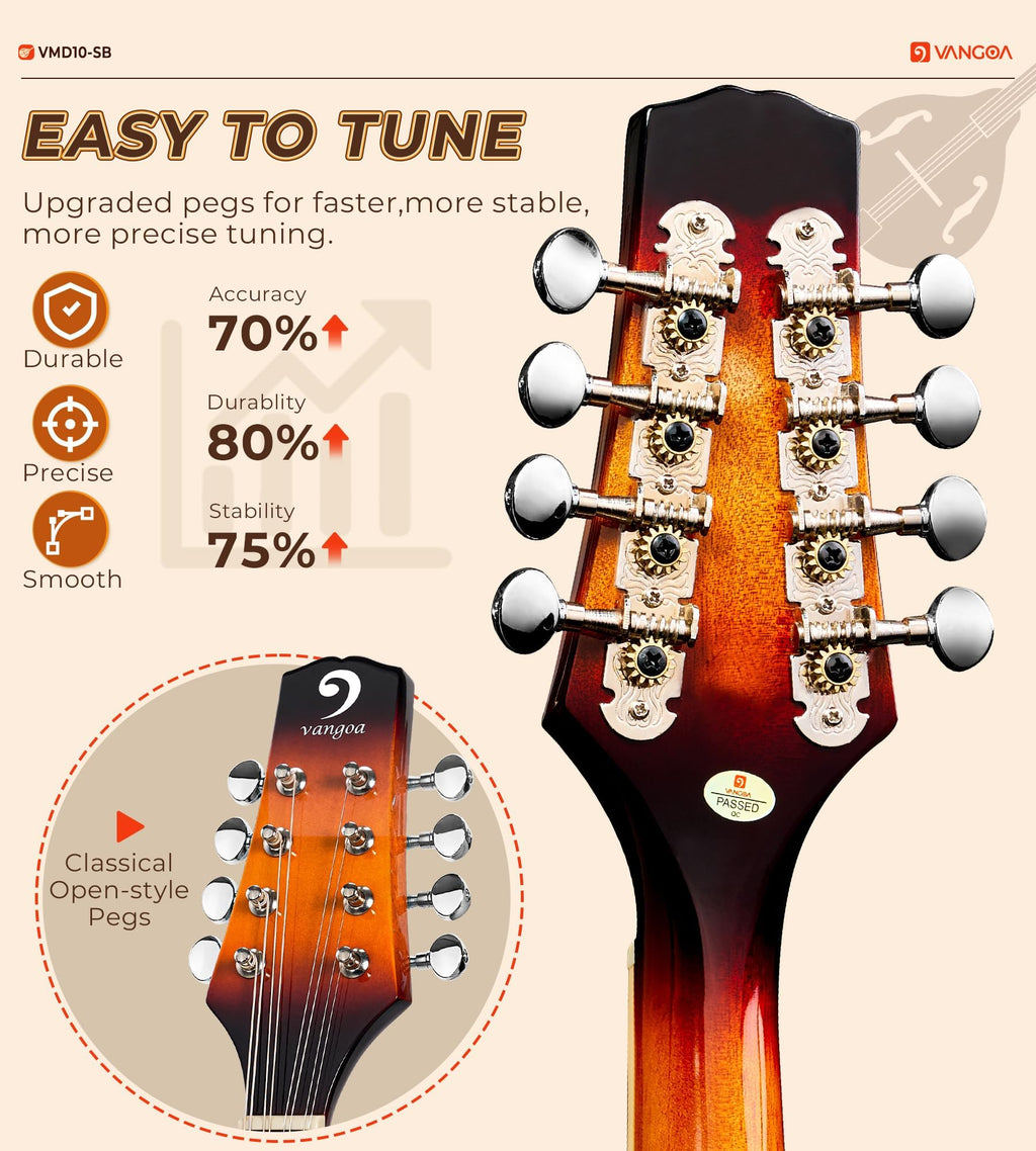 Vangoa Mandolin Musical Instrument A Style Acoustic Electric, 8 Strings Mahogany for Beginner Adults Teens, Red Burst