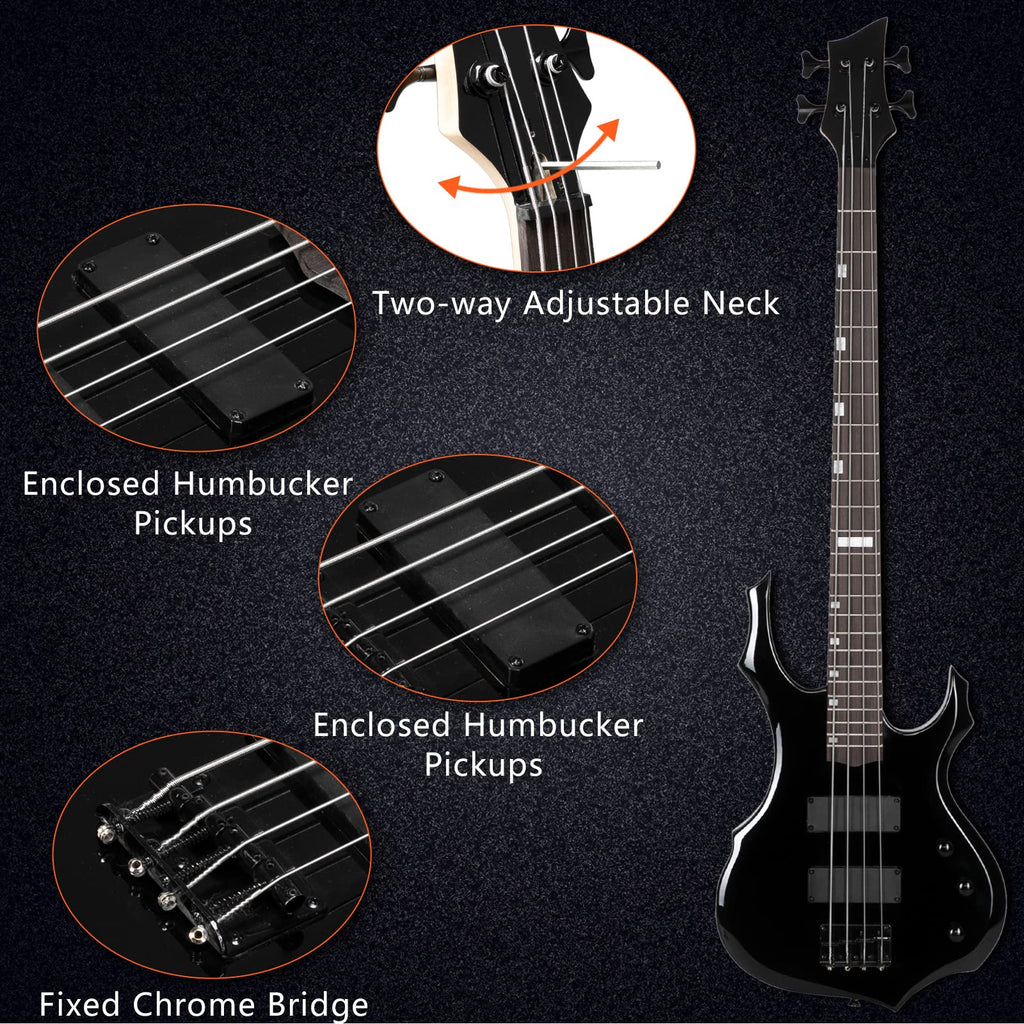 Ktaxon Electric Bass Guitar Full Size Flame Design Bass Set with 20 Watt Amplifier, Portable Bass Bag, Superior Amp Wire, Adjustable Guitar Strap, Plectrum, Wrench Tool(Matte Black)