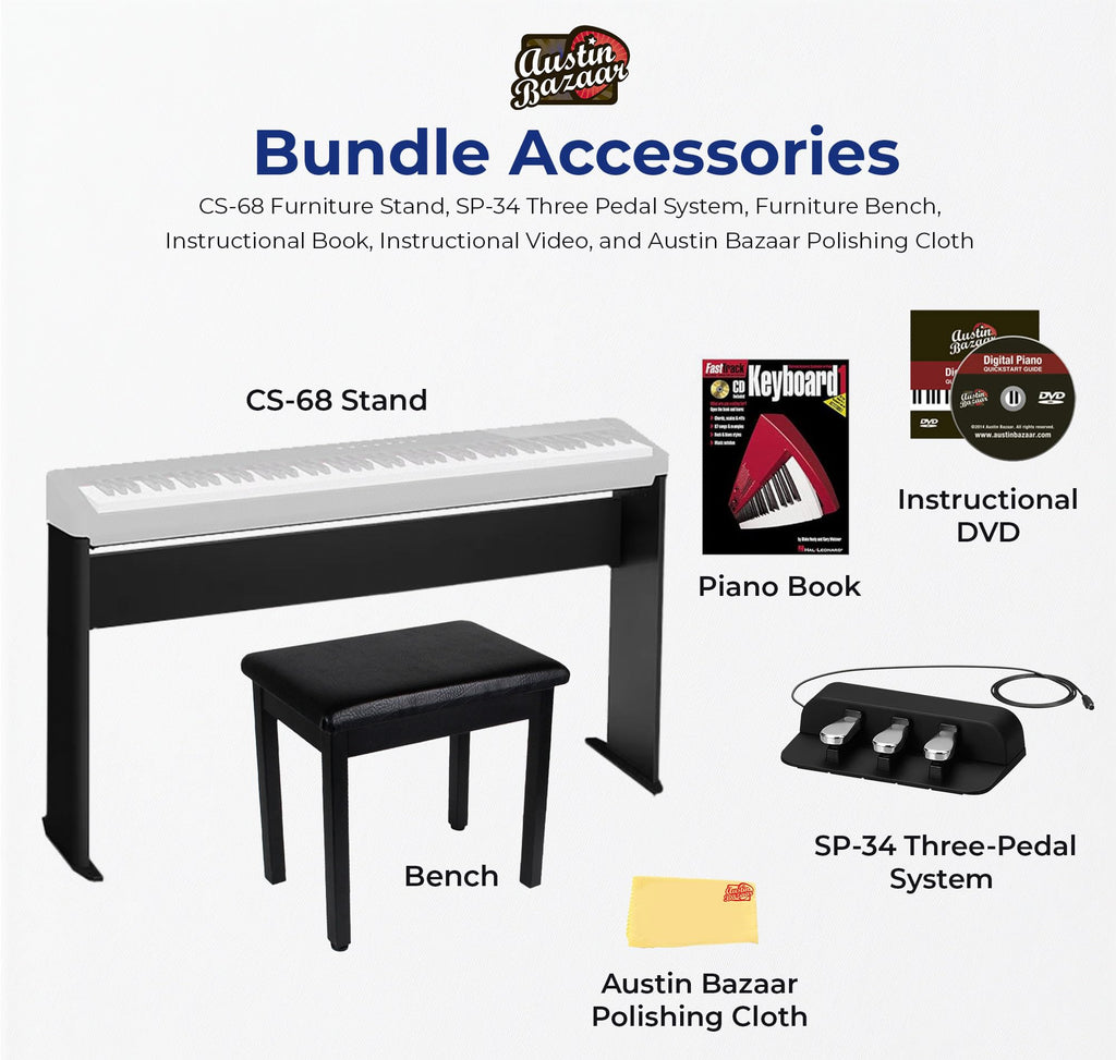 Casio PX-S1100 Privia Digital Piano - Black Bundle with CS-68 Furniture Stand, SP-34 Three Pedal System, Furniture Bench, Instructional Book, Instructional Video, and Austin Bazaar Polishing Cloth