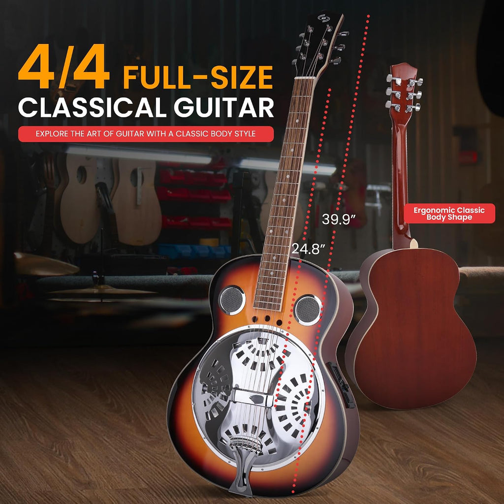 Pyle Electro Resophonic Acoustic Electric Guitar Set, Full Size Round Neck Traditional Resonator, Built-in Pre Amplifier, White