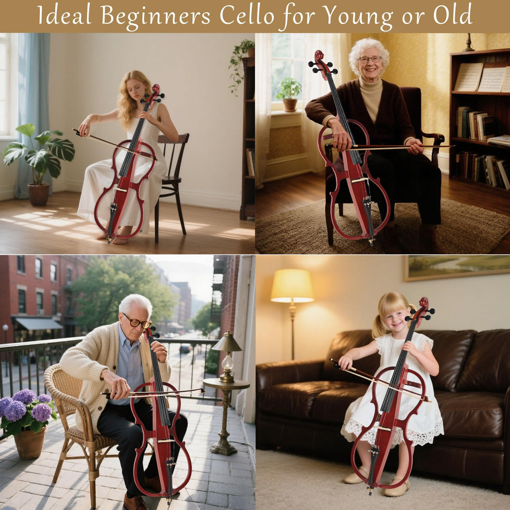 Electric Cello, Full Size Silent Practice Cello with Headphone Jack & Carry Bag, Professional Cello for Beginners/Adults