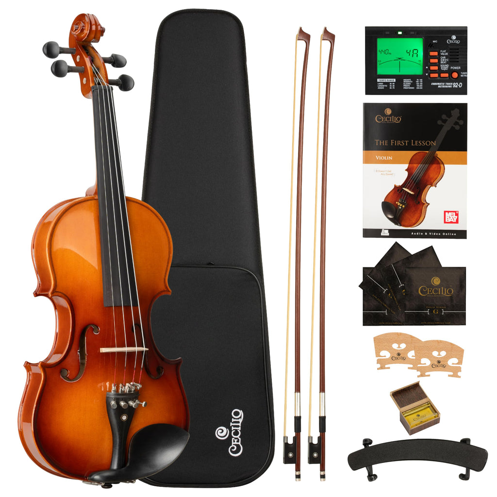 Cecilio 4/4 Full-Size Left-Handed Violin, Solid Spruce Top & Maple Body Professional Fiddle Set Includes Hard Case, 2 Bows, Rosin, Bridges & Extra Strings