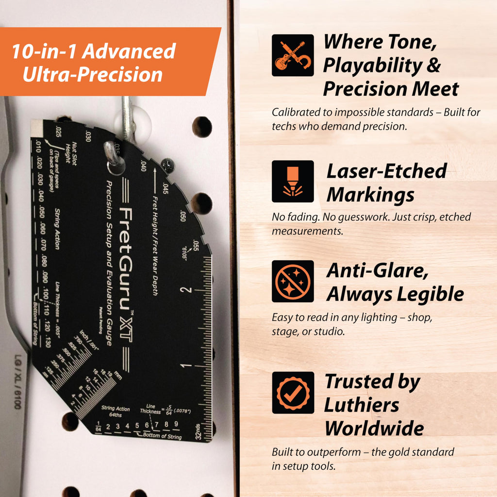 String Action Gauge Guitar Fret Ruler Precision Fret Rocker Precise CNC Machined, Diamond Honed, Polished Edge Guitar String Height Gauge Luthier Tool with Genuine Leather Case | Precision .010" increments, Laser etched markings, Luthier tool for guitar s