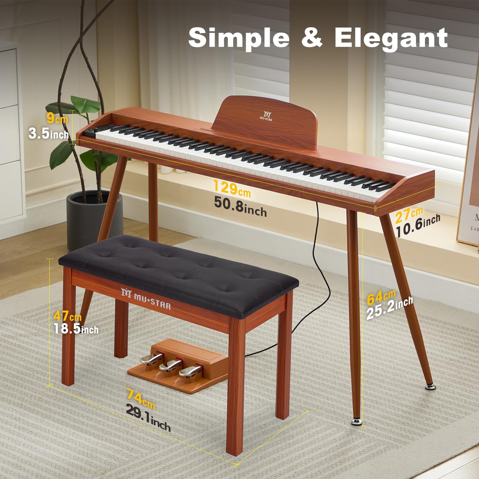 MUSTAR 88 Key Piano Keyboard with Piano Bench, Digital Piano 88 Semi Weighted Keys, Portable Electric Piano with Storage Stool, 3 Pedals, Built-In Speakers, USB/MIDI, Black