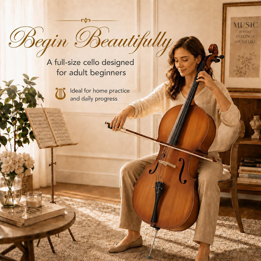 Cello 4/4 Full Size, Beginner Cello Instrument for Adults, Acoustic Cello Set with Padded Bag, Extra Strings, Bridge, Bow & Rosin – for Lessons, Home Practice & School Orchestra, Matte Natural