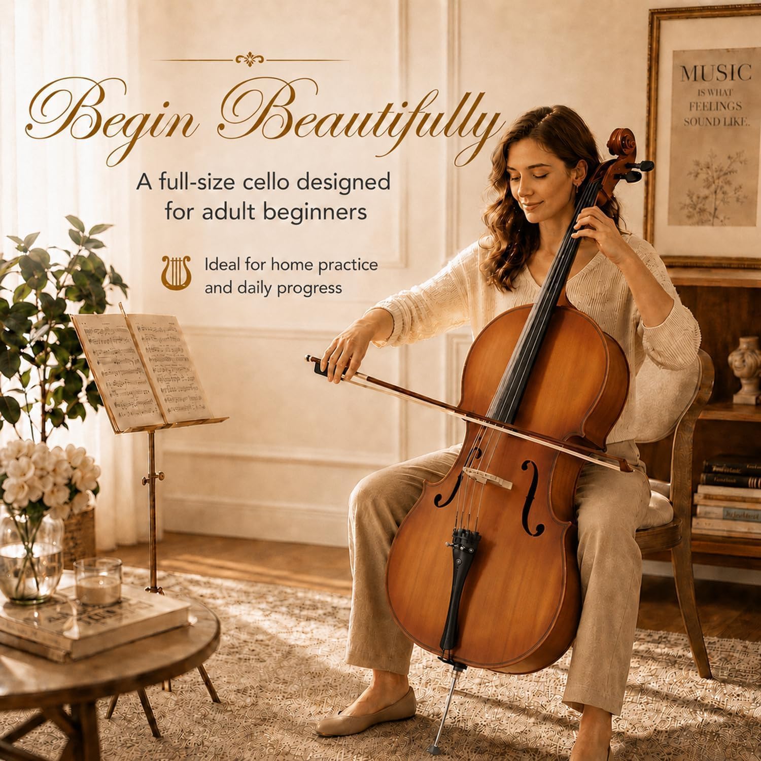 Cello 4/4 Full Size, Beginner Cello Instrument for Adults, Acoustic Cello Set with Padded Bag, Extra Strings, Bridge, Bow & Rosin – for Lessons, Home Practice & School Orchestra, Matte Natural