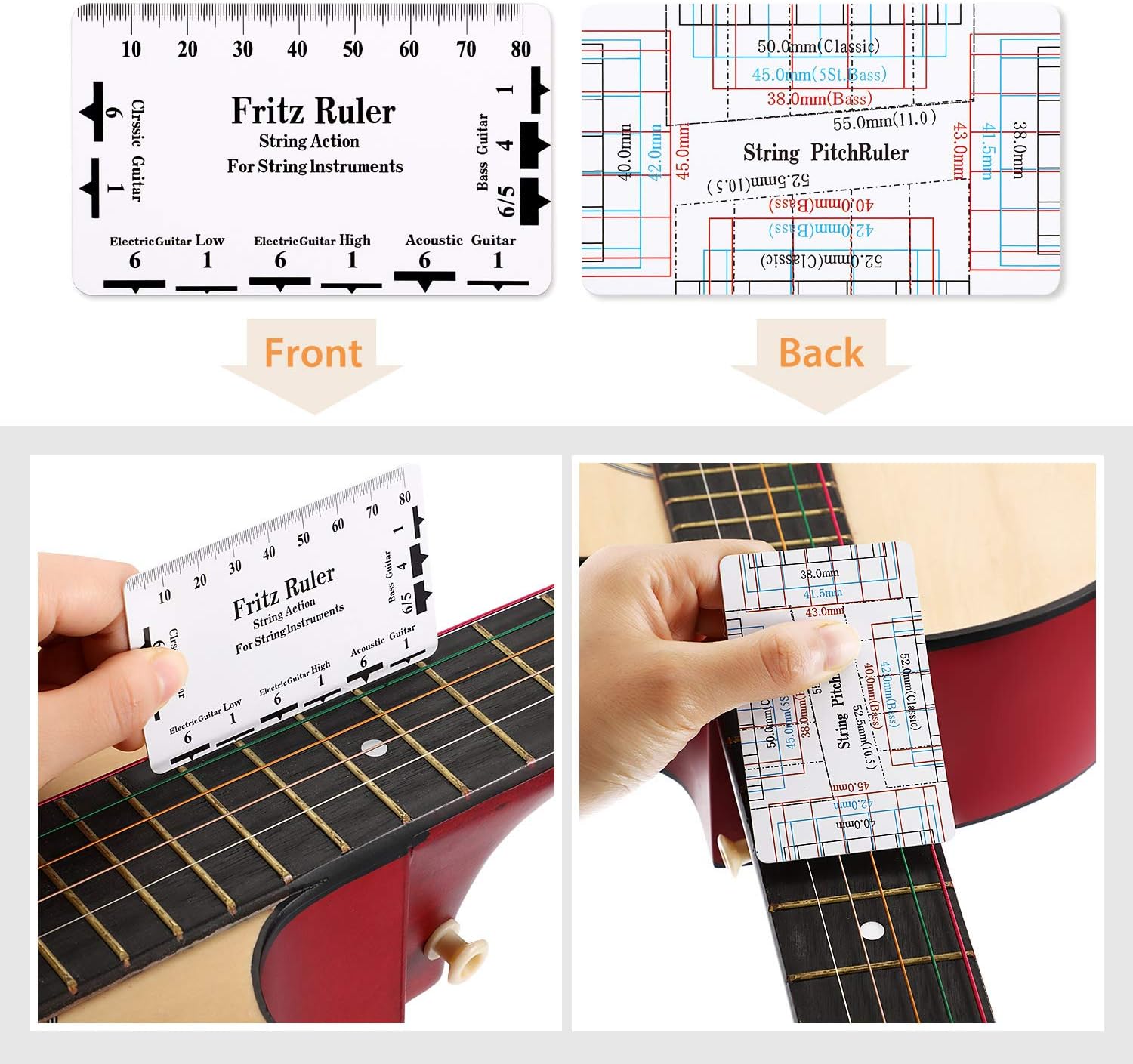 Frienda set of 3 Notched Neck Straight Edge Guitar Luthiers Tool, String Action Ruler Gauge, Fret Rocker String Height Gauge for Most Guitar Fretboards