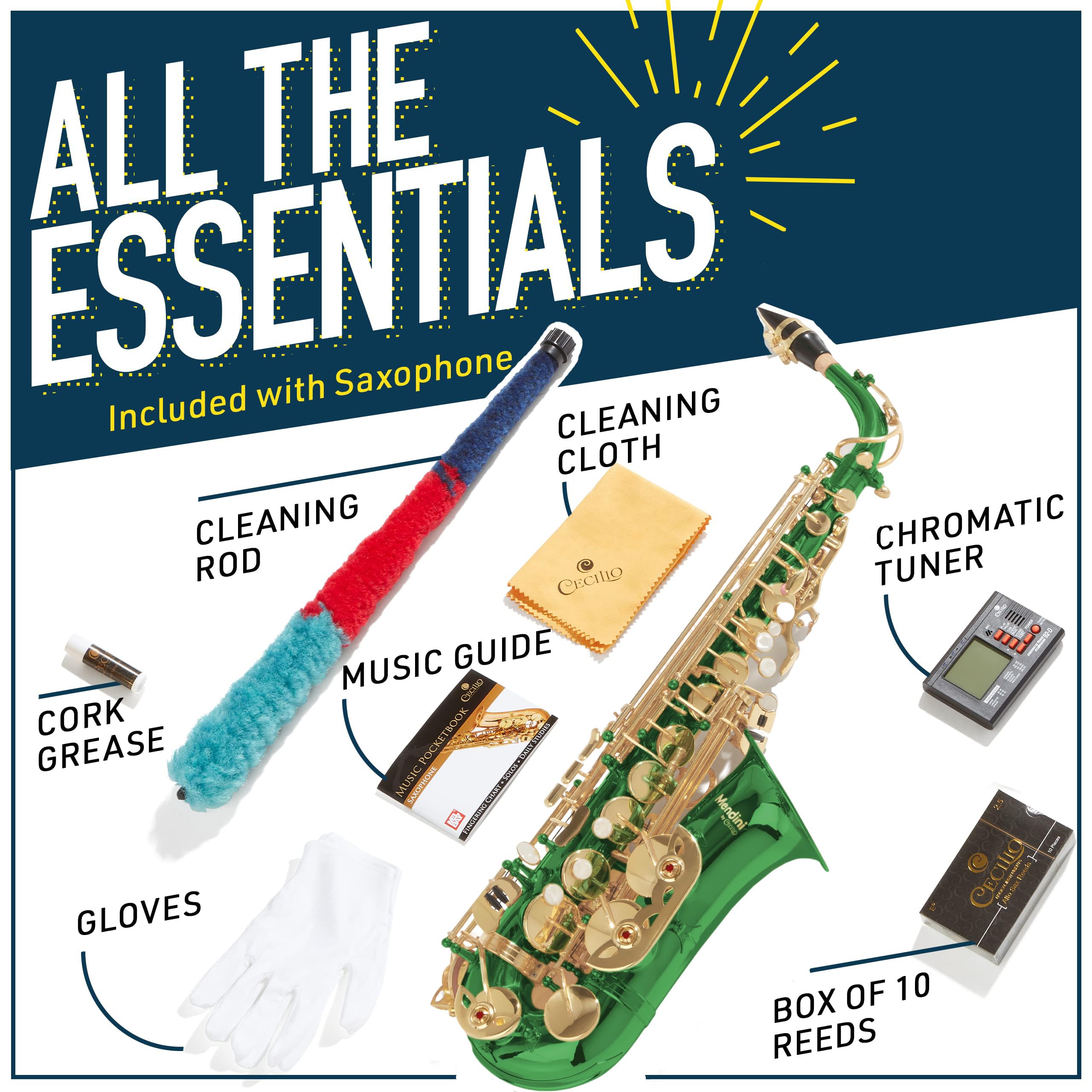 Mendini By Cecilio Alto Saxophone for Beginners, E Flat Alto Saxophone for Musicians with Tuner, Mouthpiece, Case, 10 Reeds, Grease, Cleaning Cloth & Rod, Gloves, Strap, Lesson Book (Green)