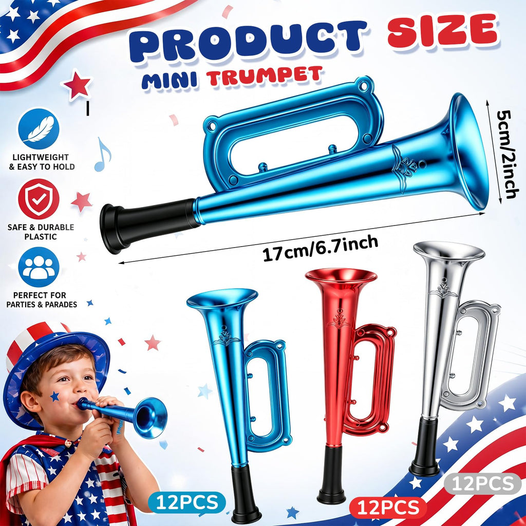 Deekin 36 Pcs 4th of July Plastic Trumpet 6 Inch Patriotic Party Favor Noise Maker Trumpet 250th Anniversary Noise Makers Musical Instruments for 4th of July Soccer Party Favors(Red, Blue, White)