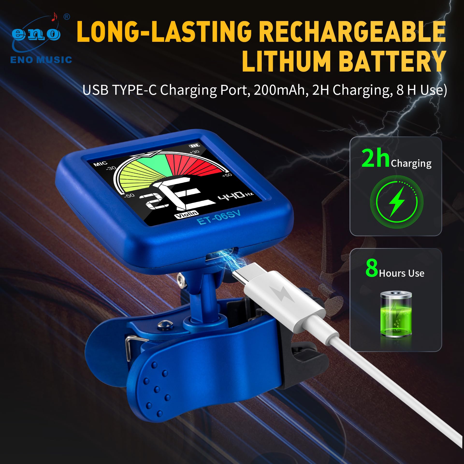 ENO MUSIC Rechargeable Type-C Quick Charge Easy Control Big LCD Display Easy Reading Clip-on Tuner for 4/4 Violin Viola Bass, Red