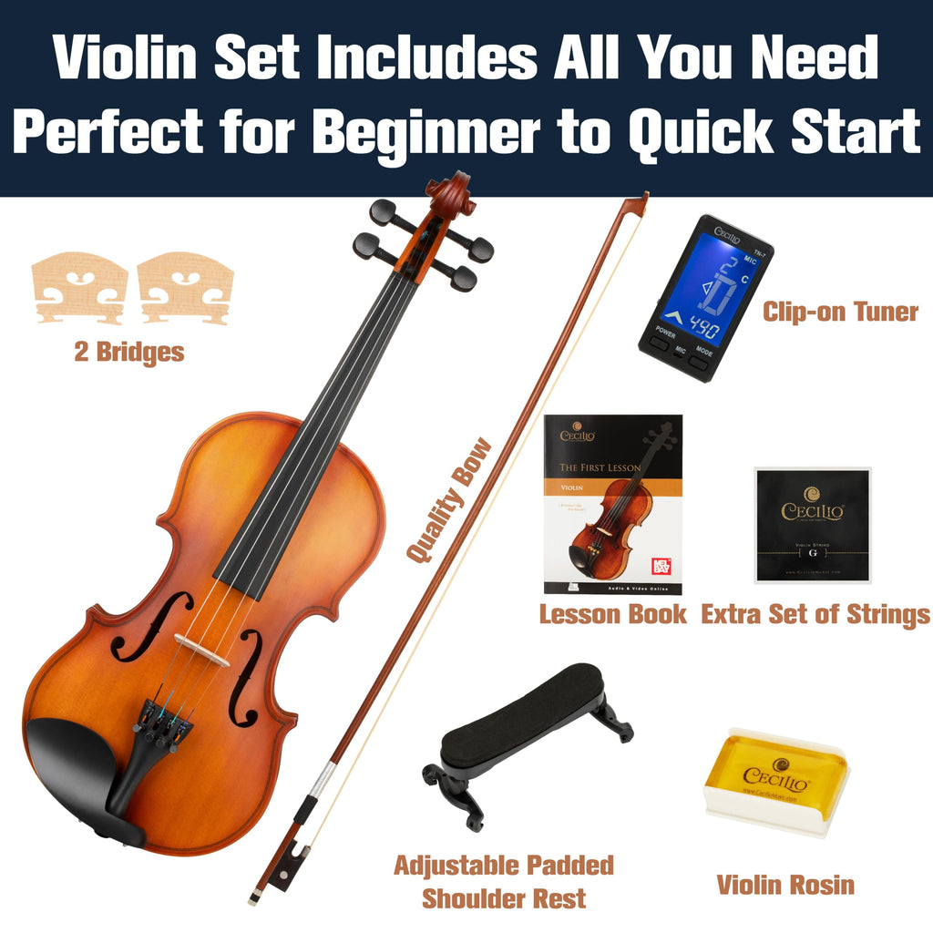 Mendini By Cecilio Violin 4/4 Full Size For Beginners - Fiddle Solidwood Kit with Hard Case - Acoustic Violins with Bow, Rosin, Tuner, Extra Strings & Bridge, Shoulder Rest and Lesson Book (Varnish)