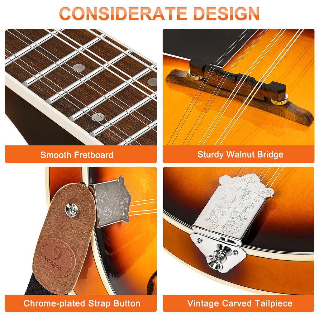 Vangoa Mandolin Musical Instrument A Style Acoustic Electric, 8 Strings Mahogany for Beginner Adults Teens, Red Burst