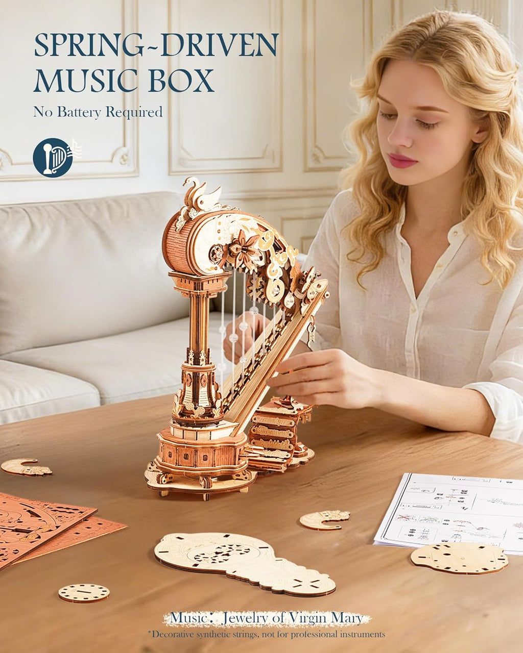 ROKR 3D Wooden Puzzle Harp Music Box, Building Model Kit with Mechanical Movement, Gift for Adults Women, Elegant Home Decor for Desk & Shelf