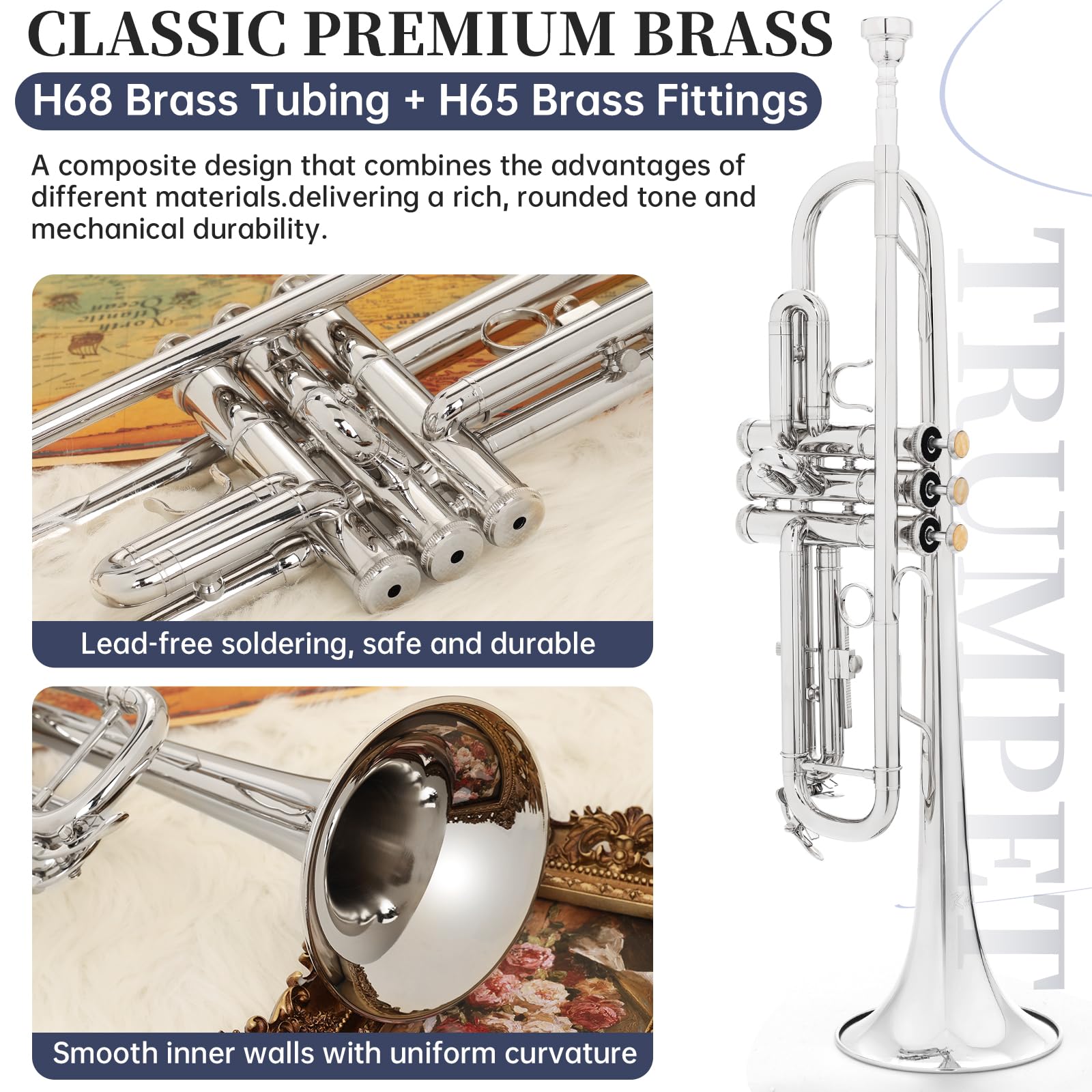 Kmise Bb Standard Trumpet, Premium Brass Trumpets for Student Beginner, Trumpet Instrument Set with Upgraded Case, 7C Mouthpiece, Mute, Beginner's Guide Kit, Cleaning Kit (Gold)