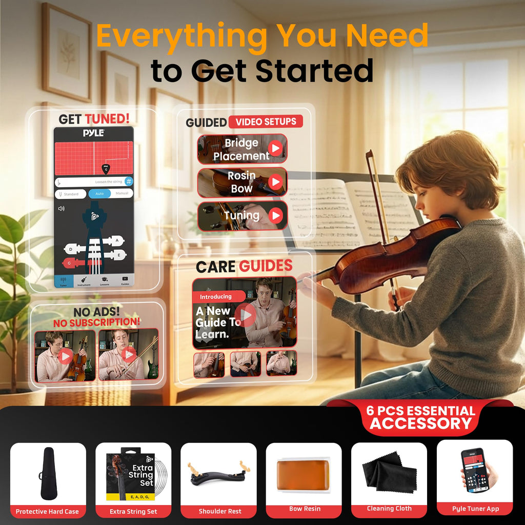 Pyle 4/4 Full Size Acoustic Violin for Beginners – Complete Violins Set with Hard Case, Bow, Extra Strings, Rosin, Full Accessories Kit - Mobile App Tuner 2 Month Free Lessons for Kids & Adults