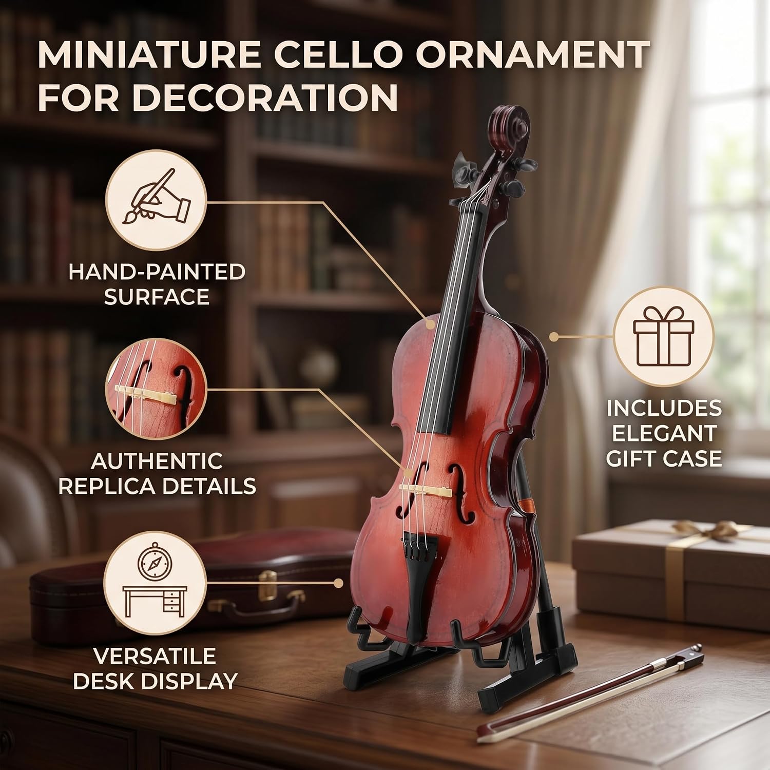 Miniature Cello, 5.5in Mini Cello Model with Stand Wooden Musical Instrument Model Hobby Collectibles Home Ornaments