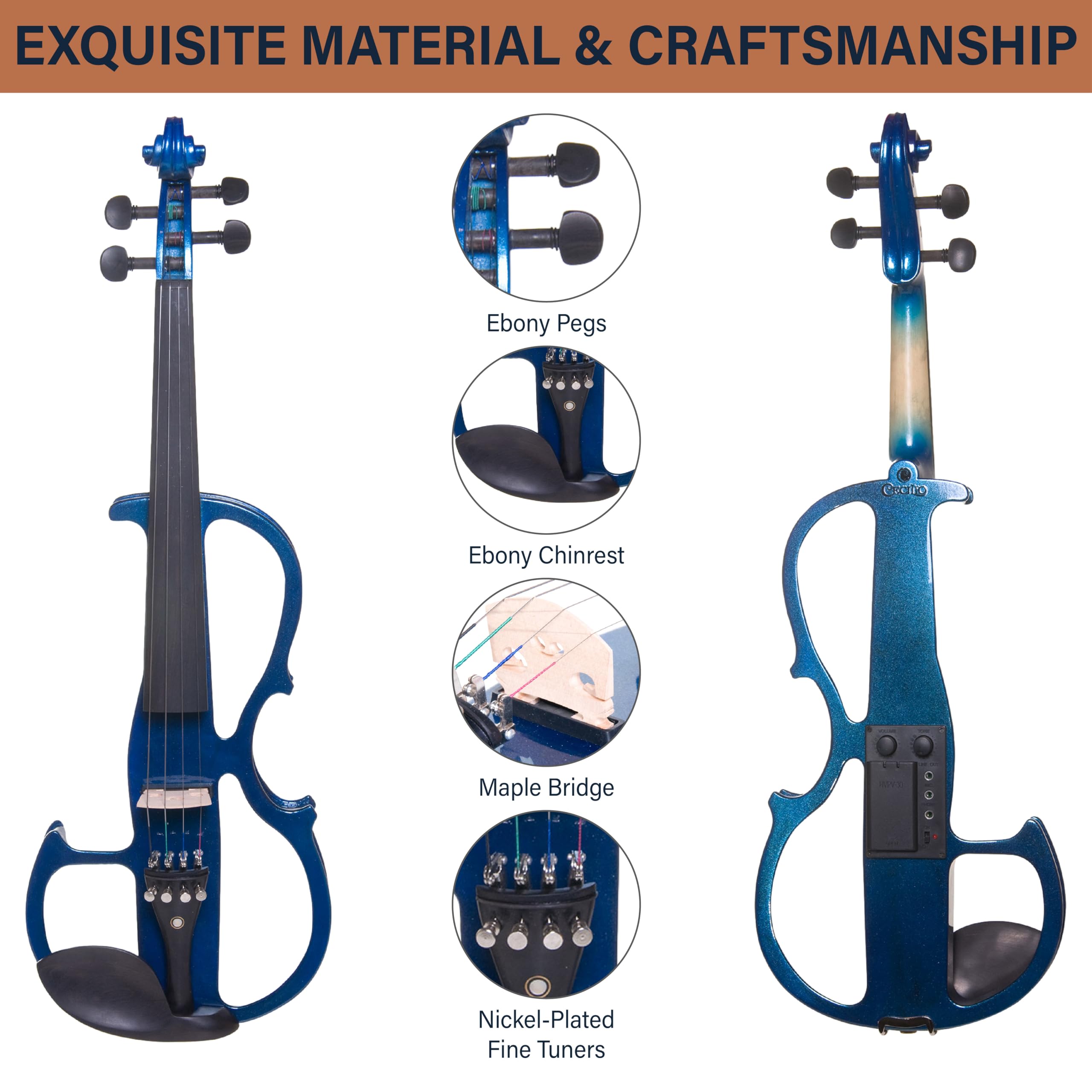 Cecilio Solid Wood Electric/Silent Violin with Ebony Fittings - 4/4 Full Size - Metallic Red Mahogany