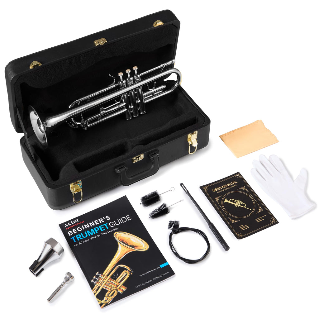 AKLOT Hand-Hammered Bell Bb Trumpet: Smooth Valve Action, Clear-Lacquered Brass Body, Standard Trumpet Beginner Set with Leather Case, Lesson Book, Trumpet Mute, Mouthpiece, Cleaning Kit (SNR-BrzED)