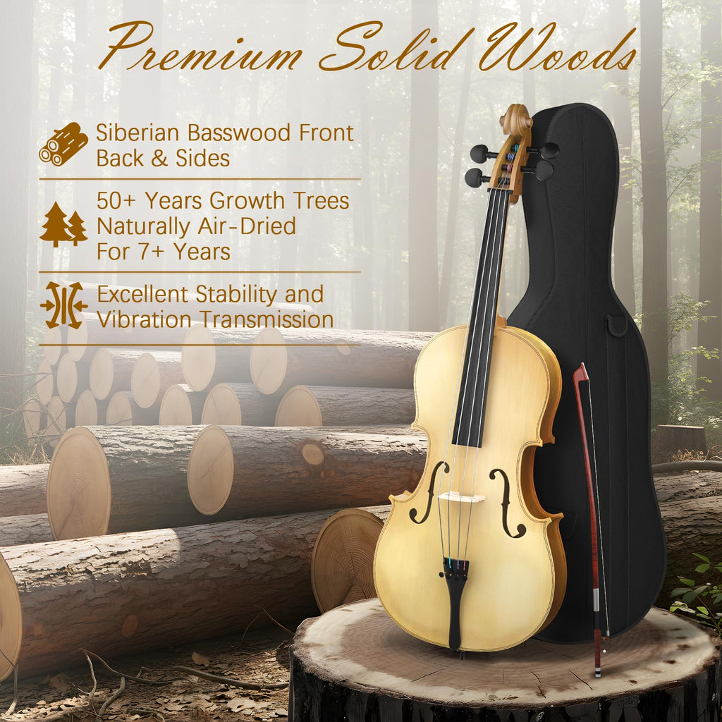 Full Size Cello Kit, Acoustic Cello Instrument for Adults,Beginners,Students,Complete Cello 4/4 Set with Portable Bag, Bow, Rosin (Black)