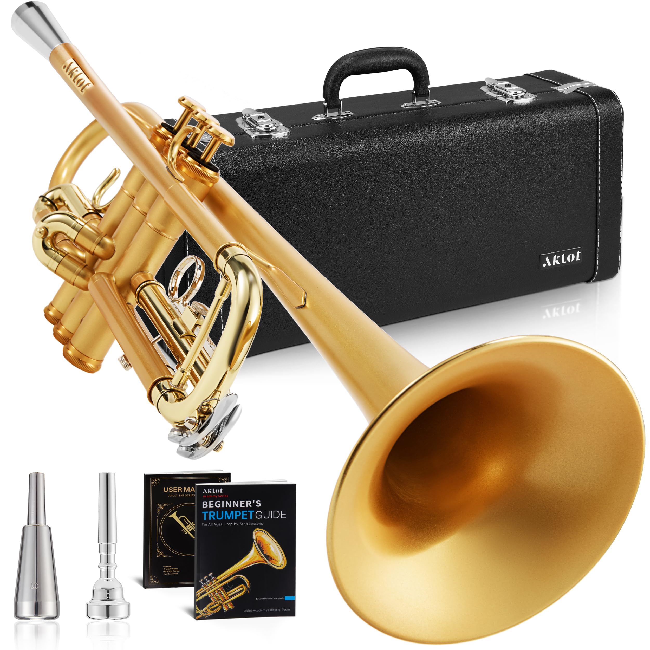 AKLOT Hand-Hammered Bell Bb Trumpet: Smooth Valve Action, Clear-Lacquered Brass Body, Standard Trumpet Beginner Set with Leather Case, Lesson Book, Trumpet Mute, Mouthpiece, Cleaning Kit (SNR-BrzED)